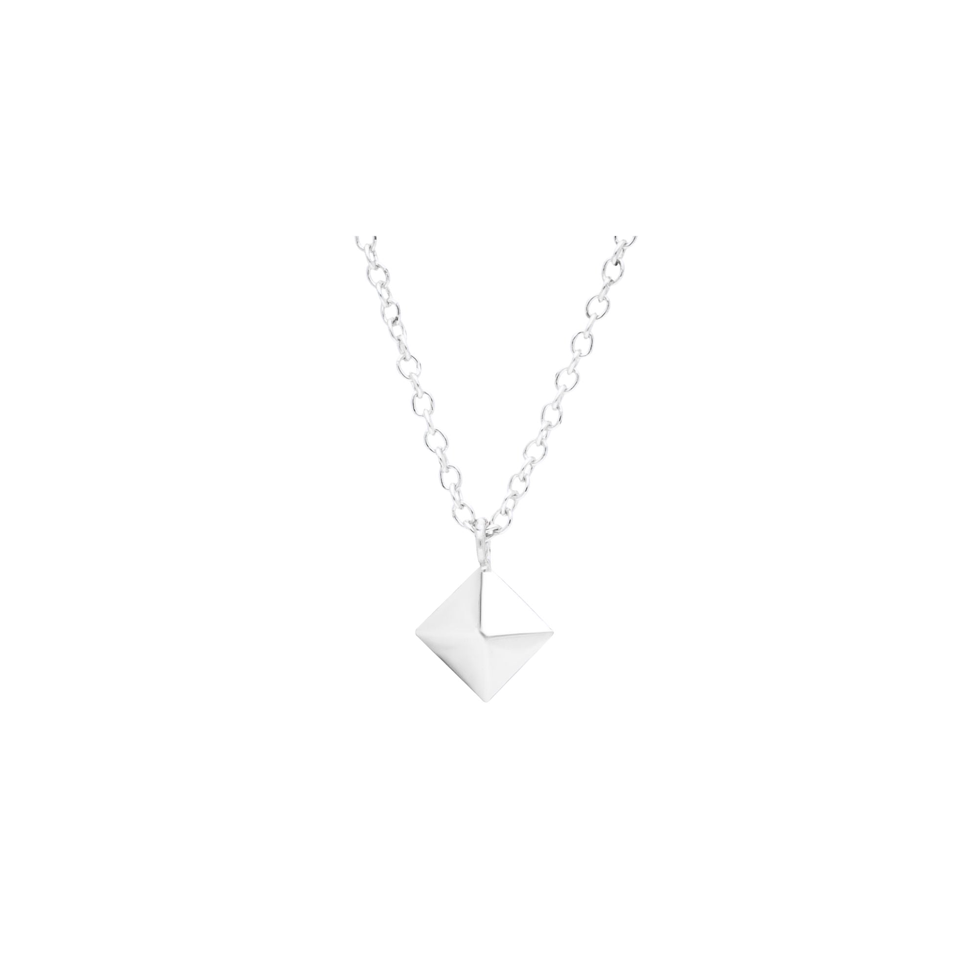 PINNACLE Silver Pyramid Necklace; architectural 3D pyramid pendant in recycled silver on a delicate chain, handcrafted by Protsaah Zurich.