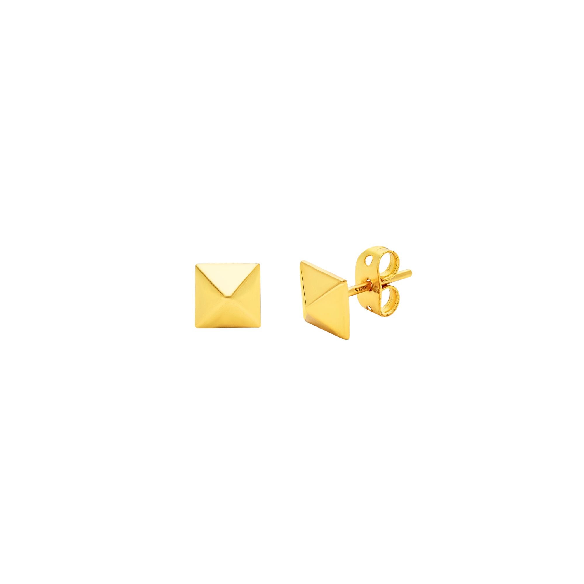 PINNACLE Gold Pyramid Studs; high-polish geometric square-based pyramid earrings in 22K gold vermeil, handcrafted by Protsaah Zurich.