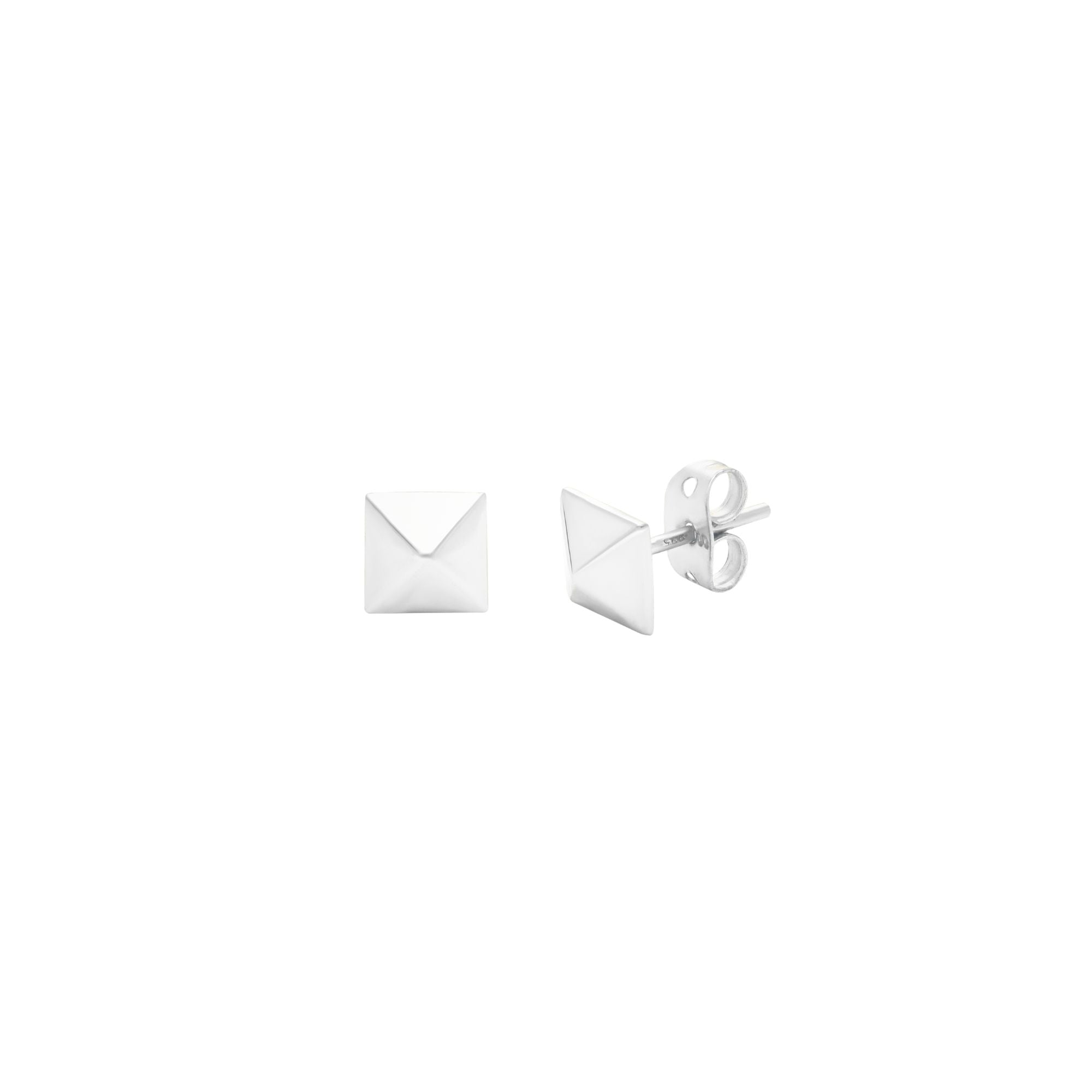 PINNACLE Silver Pyramid Studs; high-polish geometric square-based pyramid earrings in recycled silver, handcrafted by Protsaah Zurich.