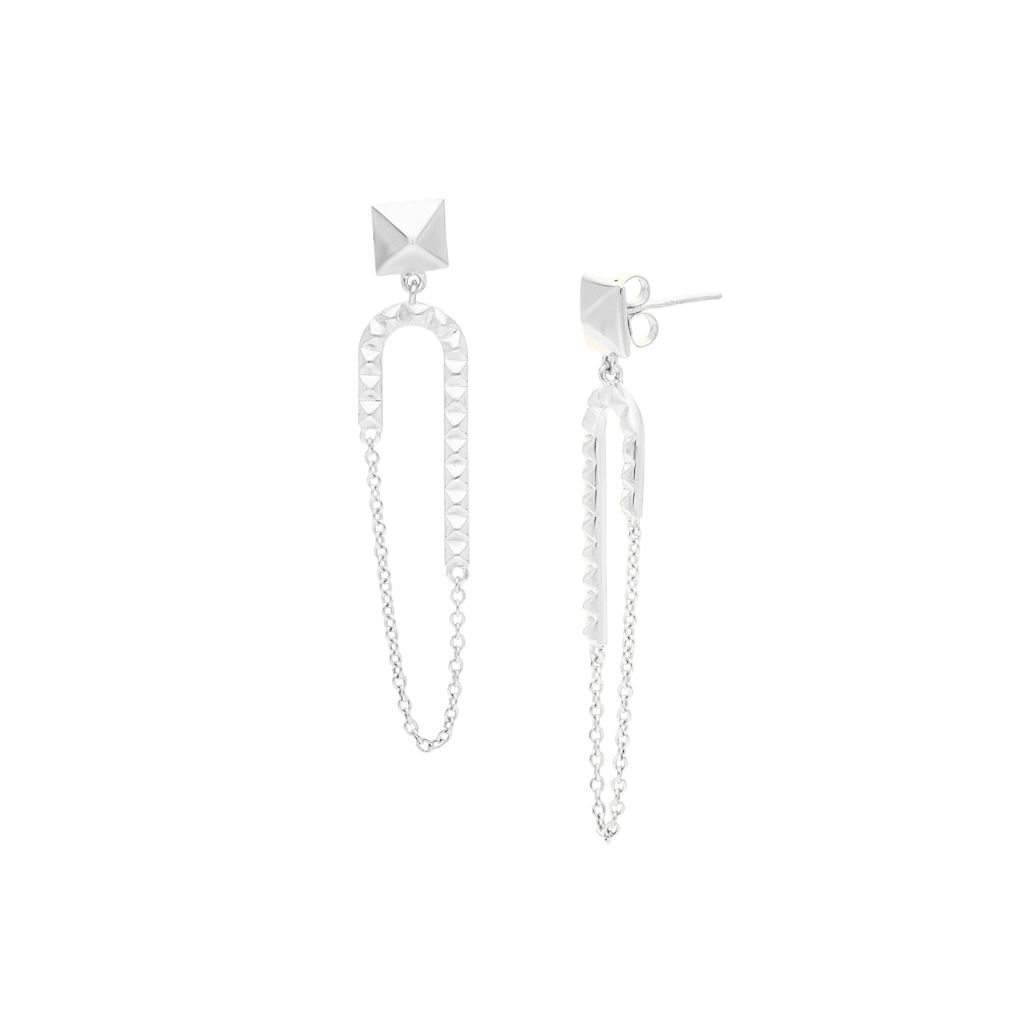 PINNACLE Silver Statement Earrings; architectural studded arch with a delicate chain drop in recycled silver, handcrafted by Protsaah Zurich.