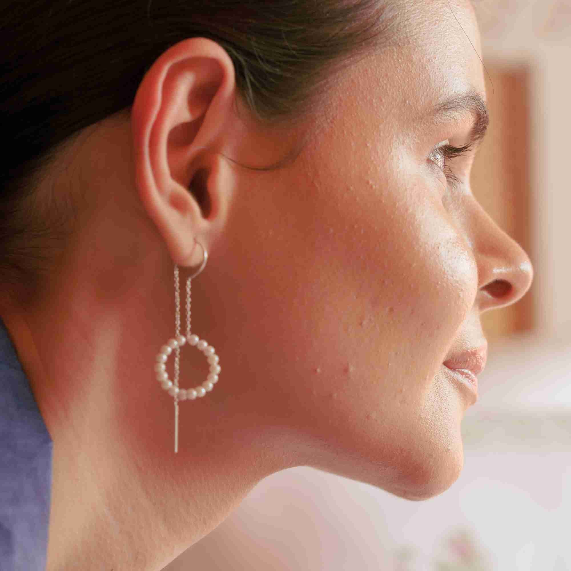 PEARLS GALORE Seed Pearl Circle Chain Threader Earrings Silver
