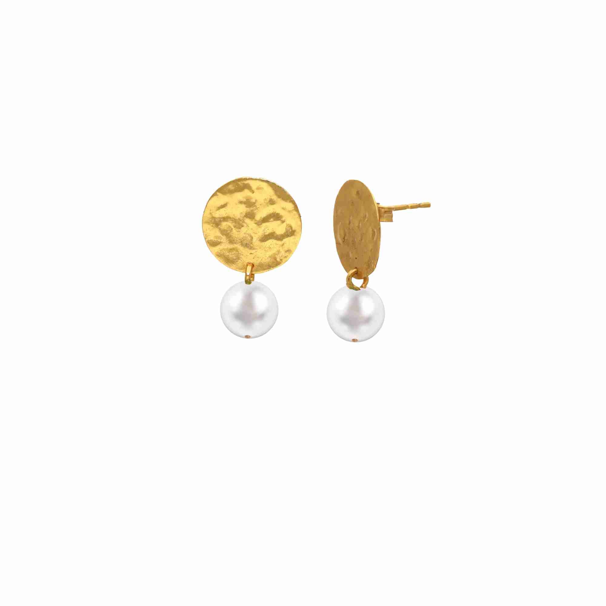 
PEARLS GALORE Gold Pearl Earrings; 13.4mm diameter hammered molten gold discs with round white pearl drops, handcrafted by Protsaah Zurich.
