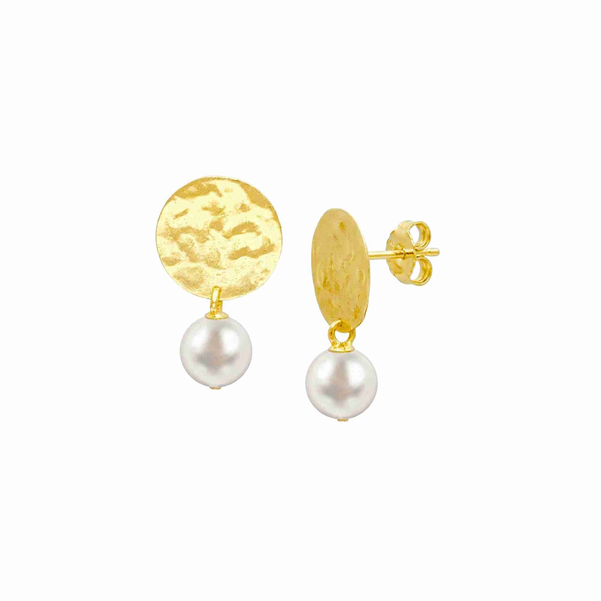 Pearls Galore Molten Disc Pearl Drop Earrings Gold — hammered molten-textured circular disc stud suspending a round freshwater pearl drop in high-polish 22K gold finish on a butterfly-back post — Protsaah.