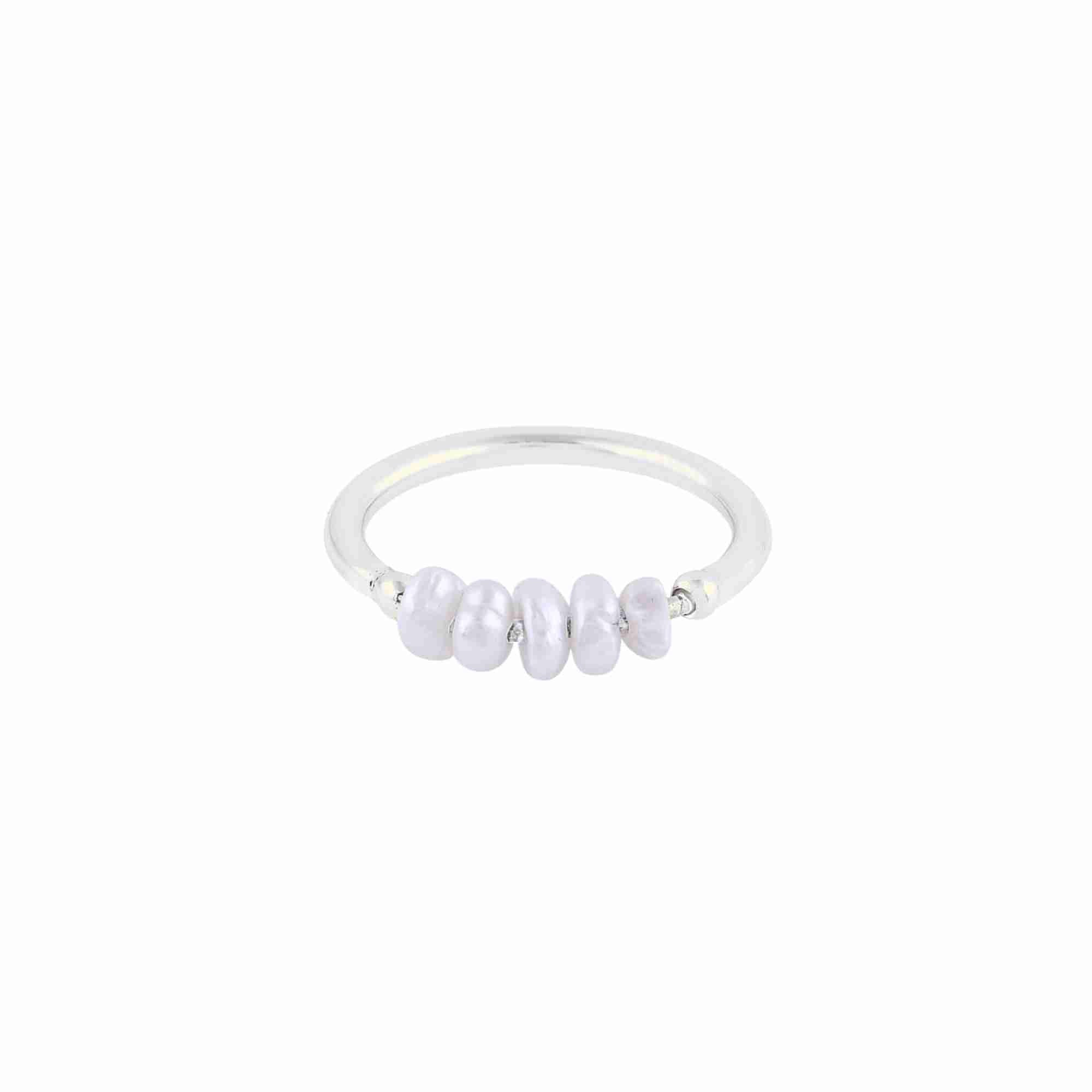 PEARLS GALORE Silver Pearl Ring; horizontal bar featuring white seed pearls on a delicate recycled silver band, handcrafted by Protsaah Zurich.