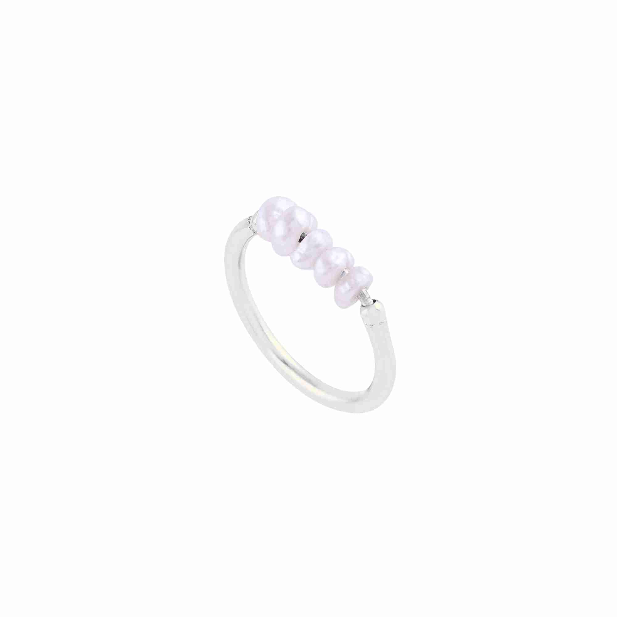 PEARLS GALORE Silver Pearl Ring; horizontal bar featuring white seed pearls on a delicate recycled silver band, handcrafted by Protsaah Zurich.