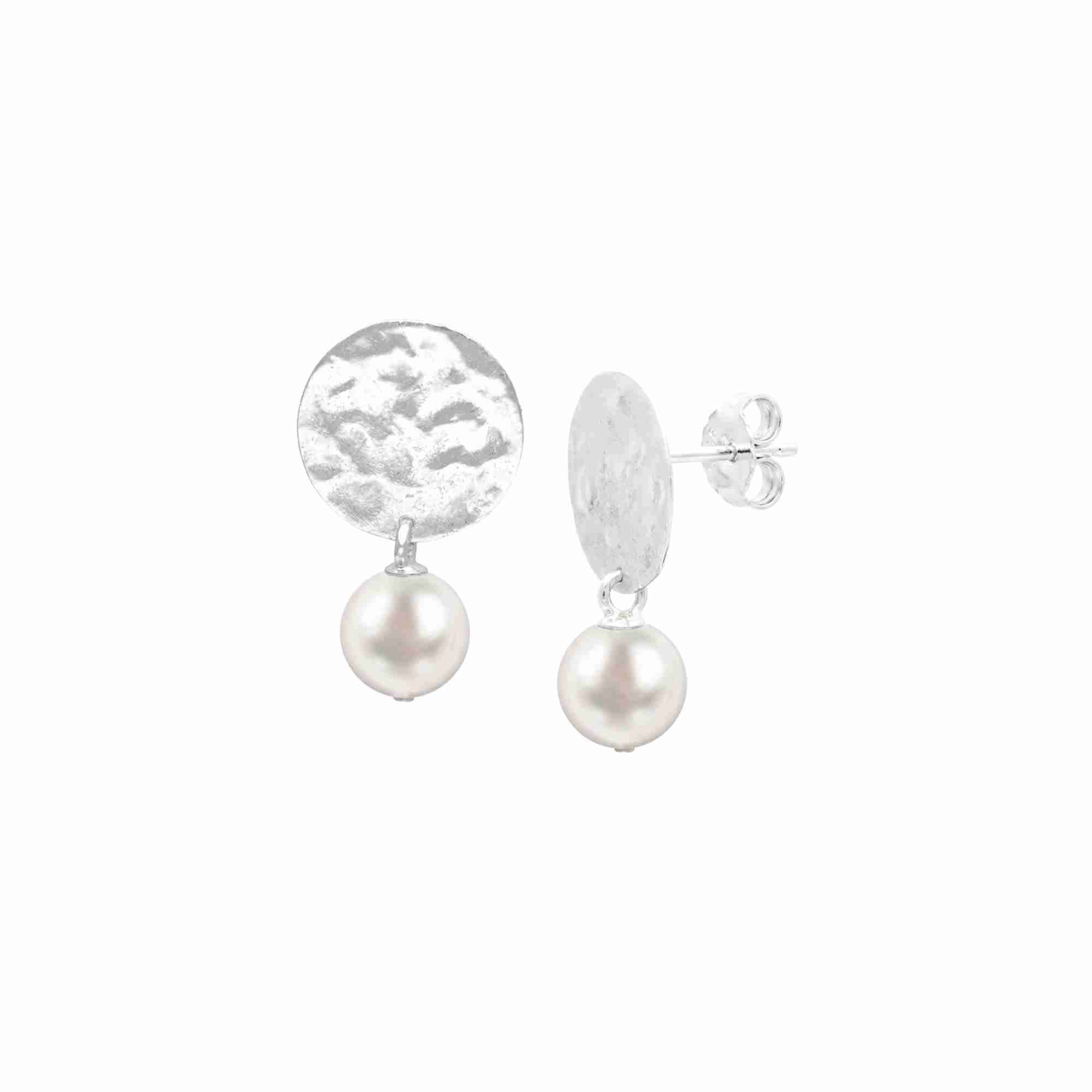 Dew Drops Molten Disc Pearl Drop Earrings Silver — hammered molten-textured circular disc stud suspending a round freshwater pearl drop in high-polish silver finish on a butterfly-back post — Protsaah.