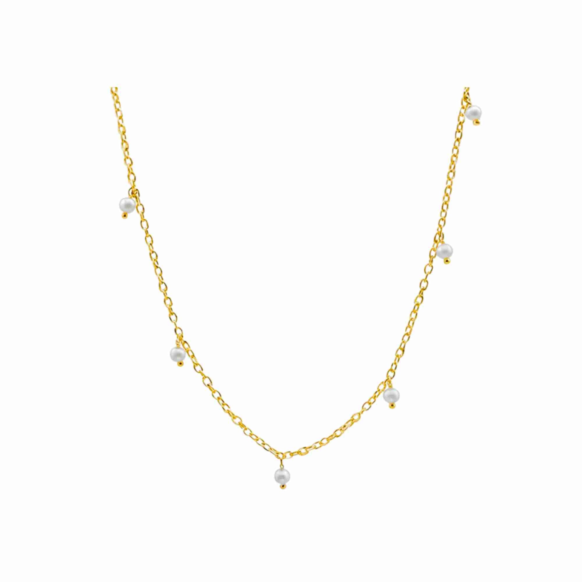 PEARLS GALORE Gold Pearl Choker; multiple white seed pearl droplets scattered on a 22K gold plated 925 Silver chain, handcrafted by Protsaah Zurich.