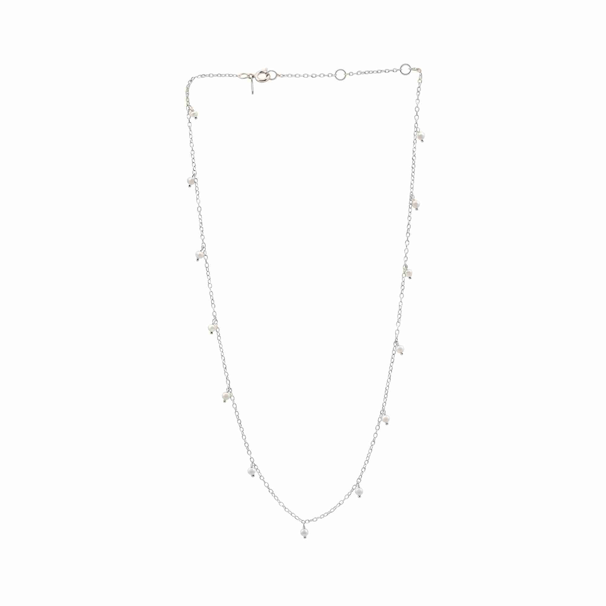 PEARLS GALORE Silver Pearl Choker; multiple white seed pearl droplets scattered on a recycled silver chain, handcrafted by Protsaah Zurich.