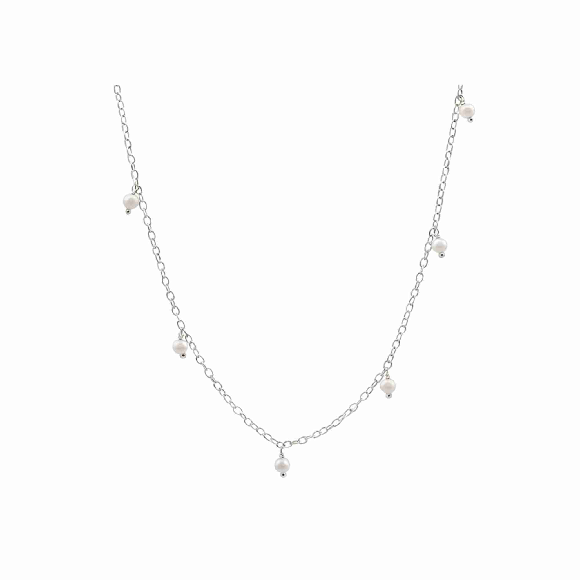 PEARLS GALORE Silver Pearl Choker; multiple white seed pearl droplets scattered on a recycled silver chain, handcrafted by Protsaah Zurich.