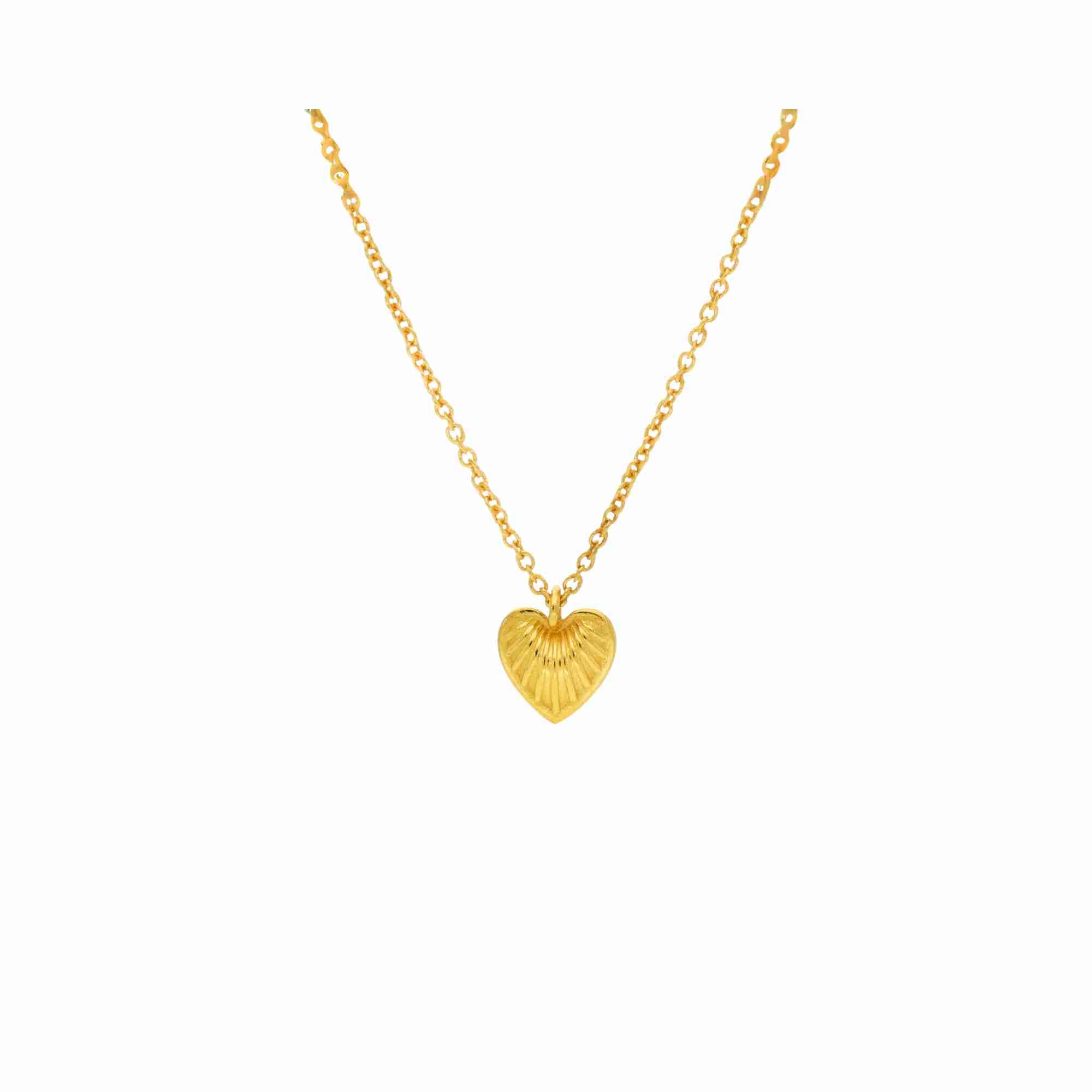 Front view of the Queen of Charms Fluted Heart Pendant Necklace in gold, showing a ribbed starburst-textured heart pendant suspended on a fine link chain.