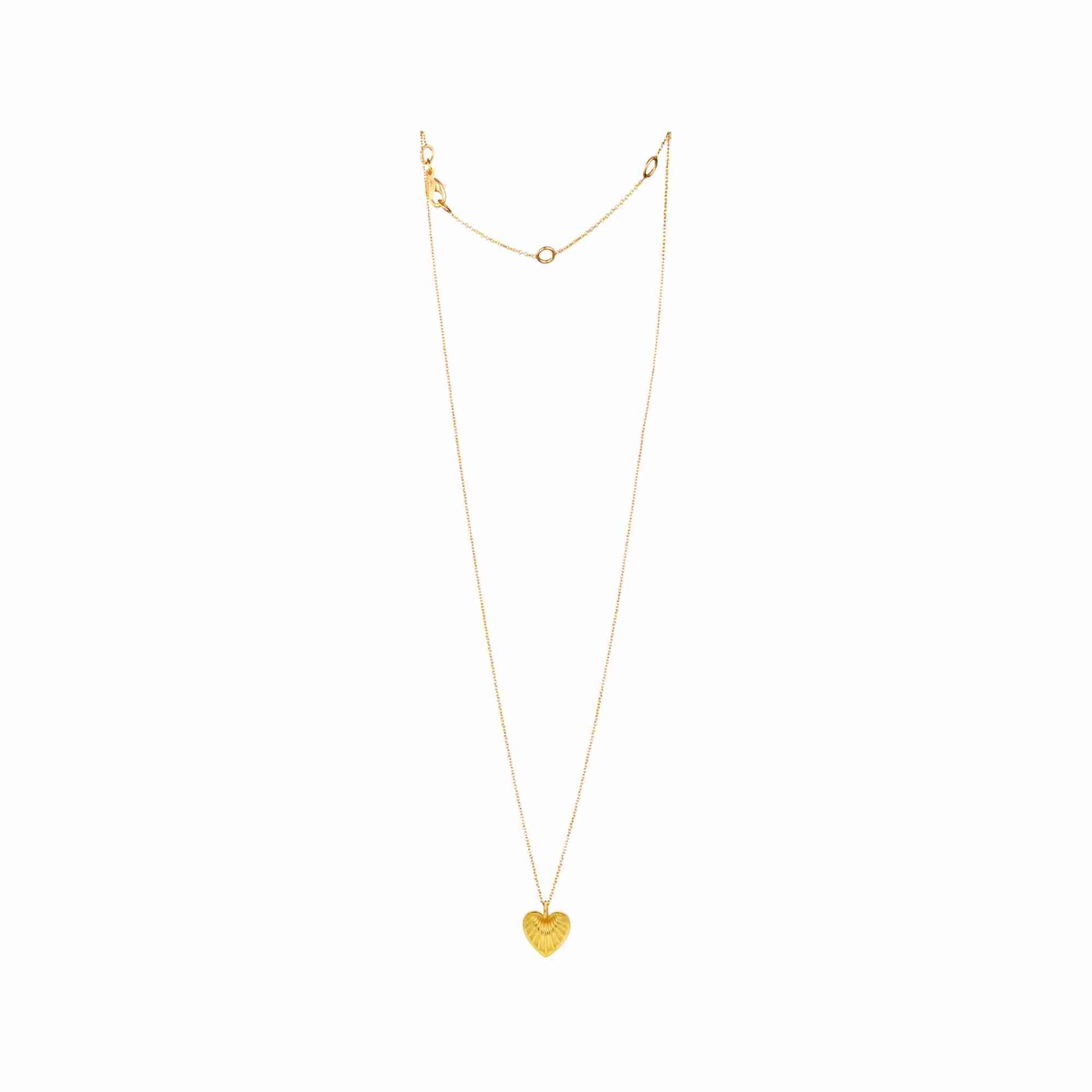 Full-length view of the Queen of Charms Fluted Heart Pendant Necklace in gold, displaying the full chain length, lobster clasp closure, and adjustable sizing loops.