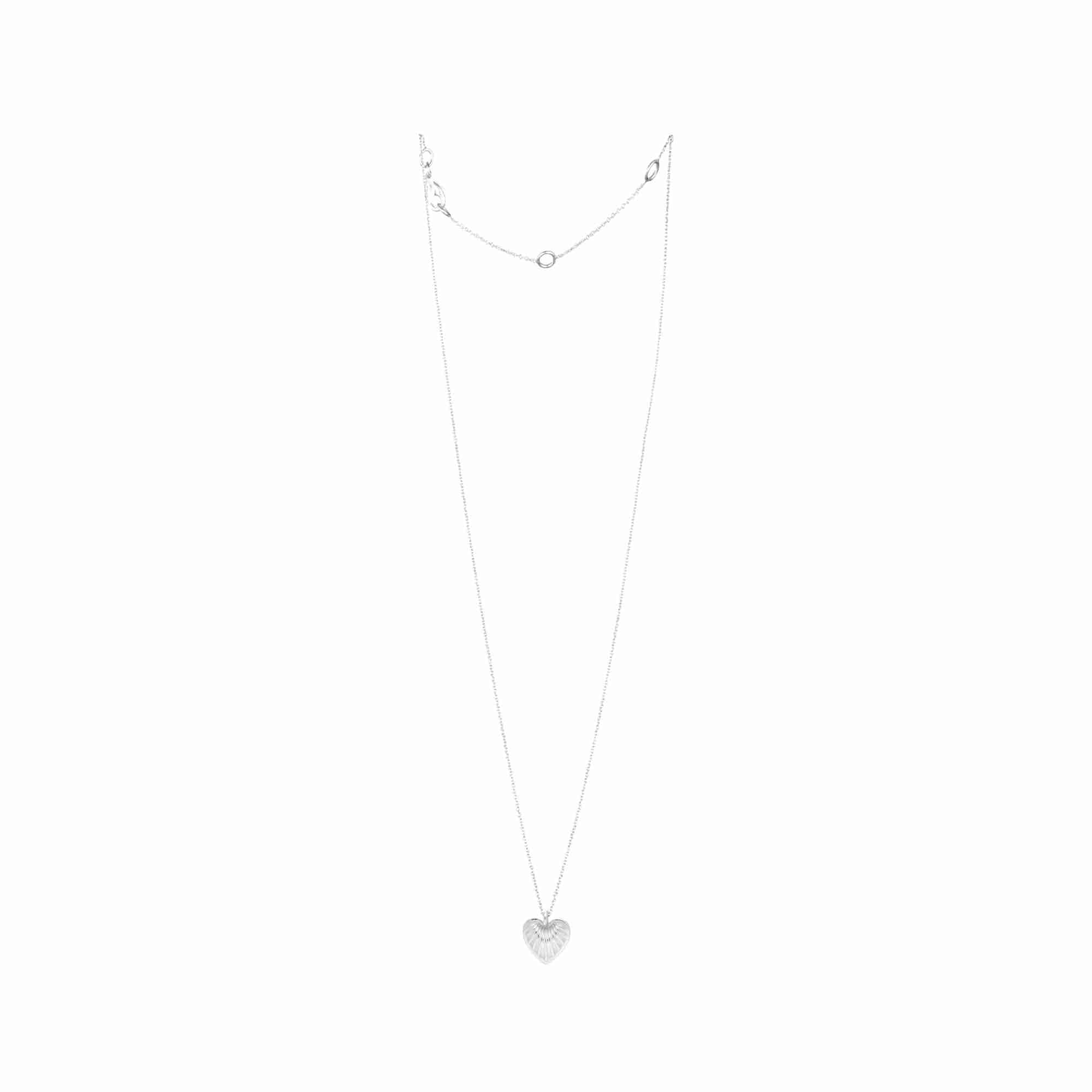 Full-length view of the Queen of Charms Fluted Heart Pendant Necklace in 925 sterling silver, displaying the delicate chain, clasp closure, and adjustable jump rings.