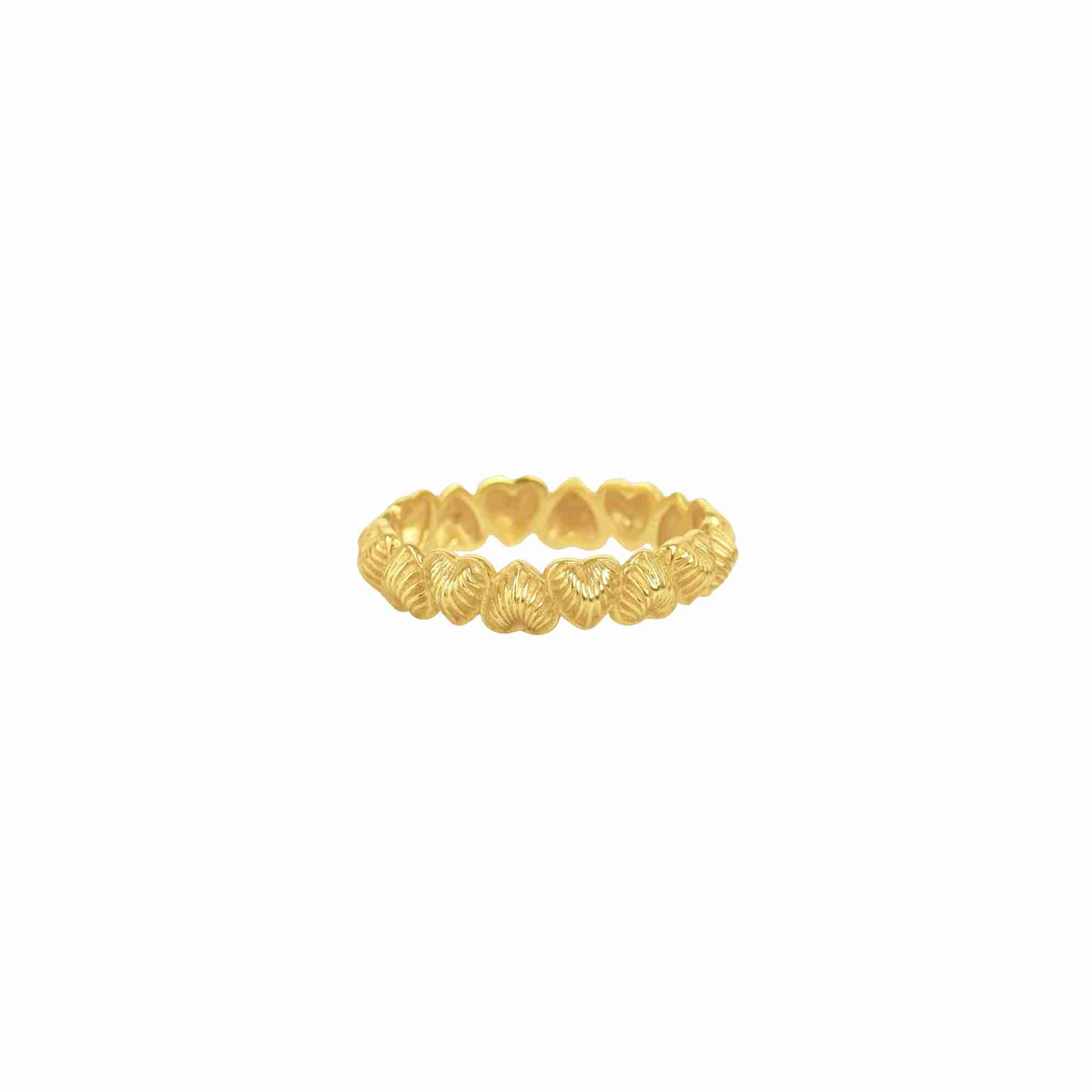 Front view of the Queen of Charms Fluted Hearts Eternity Band in gold, displaying a continuous band of small, textured, fluted heart shapes linked end-to-end.