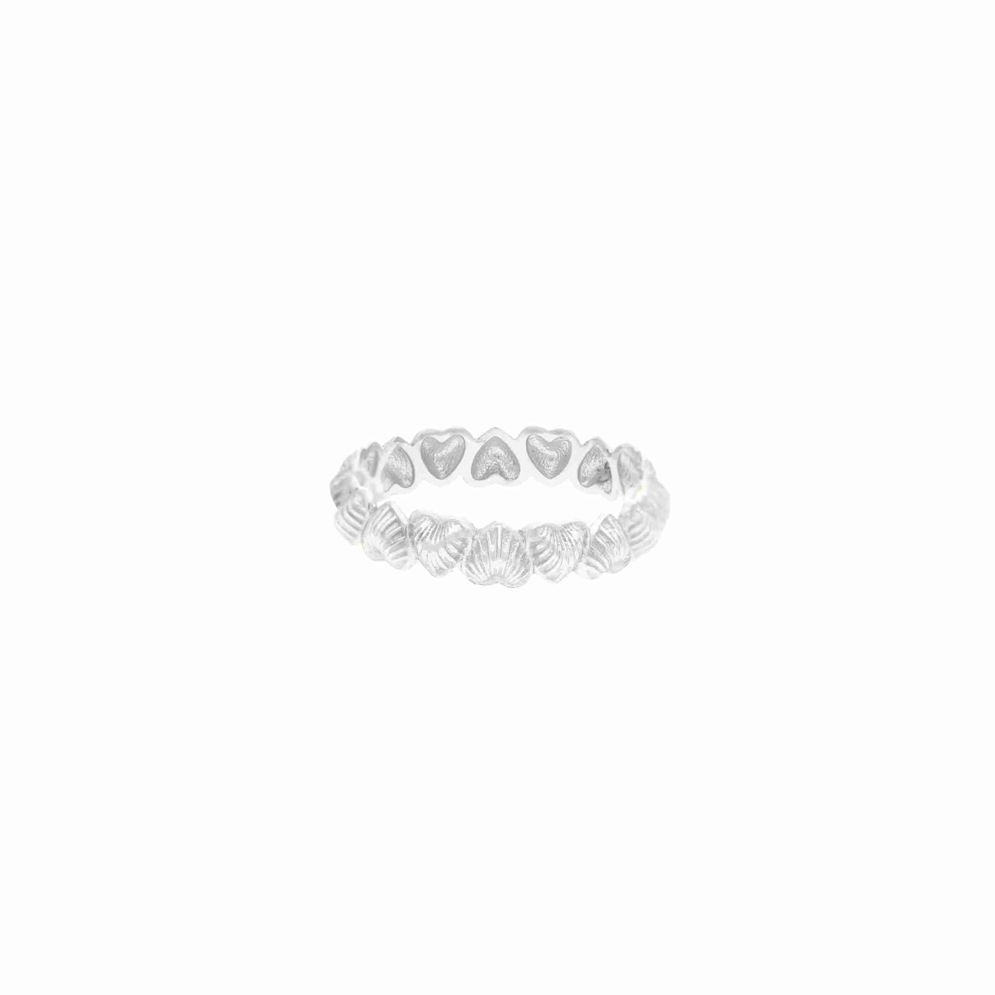 Front view of the Queen of Charms Fluted Hearts Eternity Band in sterling silver, displaying a continuous band of small, textured, fluted heart shapes linked end-to-end.