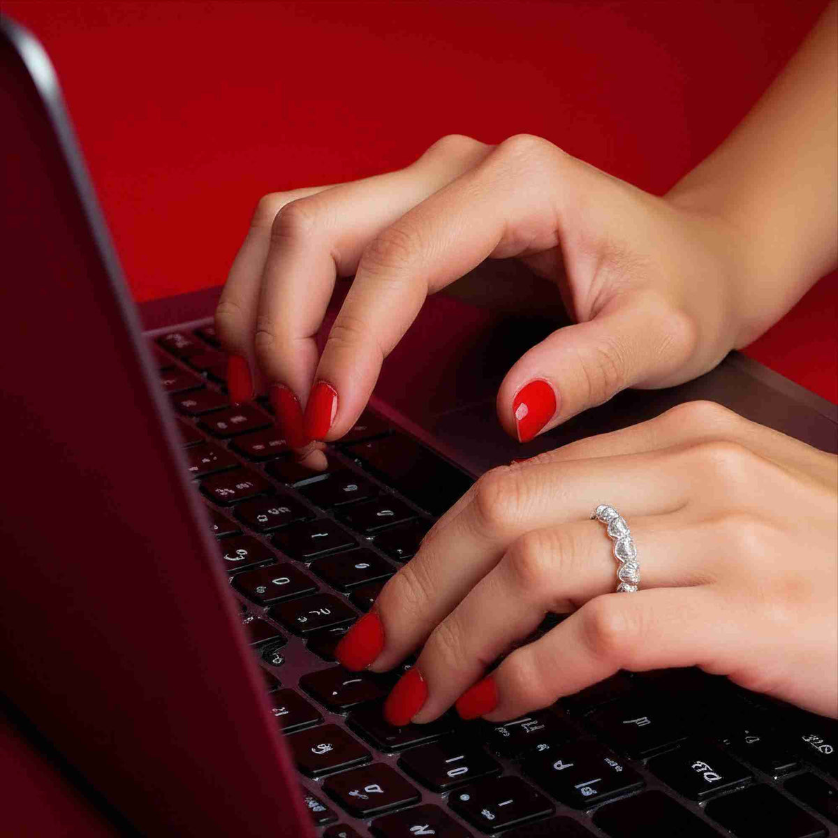 Top-down close-up shot of a model with vibrant red manicured nails typing on a laptop keyboard against a rich red background, highlighting the silver Queen of Charms Fluted Hearts Eternity Band on her ring finger.