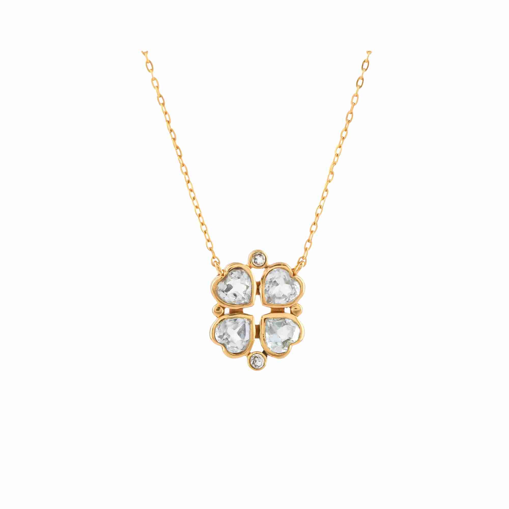 Queen of Hearts Blue Topaz Lucky Clover Pendant Necklace Gold — four heart-cut Blue Topaz stones in a four-leaf clover bezel setting with CZ accents on a gold cable chain — Protsaah.