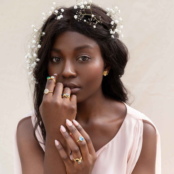 Dew Drops Oval Stone Adjustable Ring in Gold Rainbow Moonstone