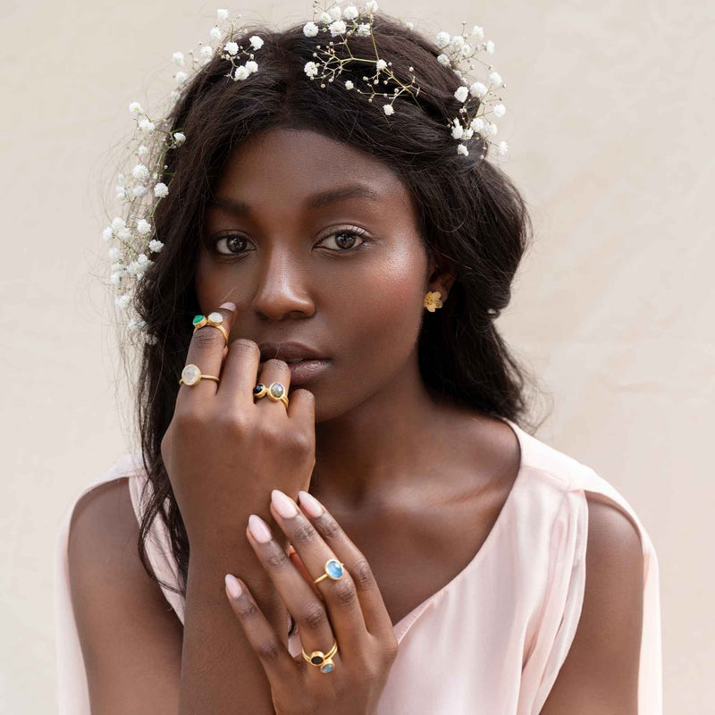 Dew Drops Oval Stone Adjustable Ring in Gold Aqua Calcedony