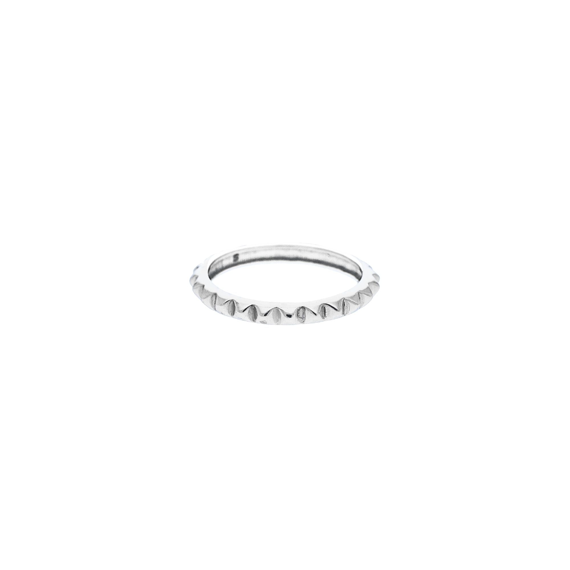 Geo Glam Studded Eternity Band Ring in recycled 925 sterling silver showing a direct front view highlighting the faceted pyramid texture.