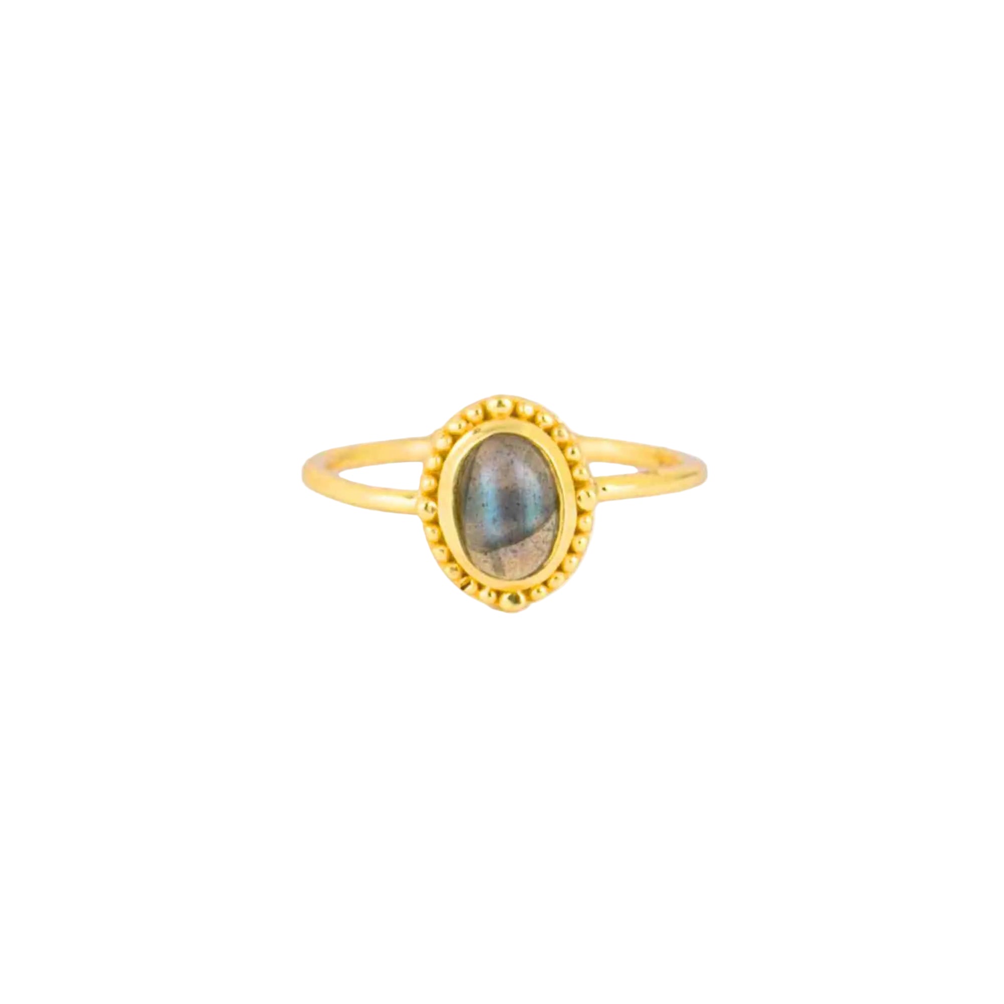 Delicate Vintage Labradorite Beaded Bezel Adjustable Ring Gold — an open-shank gold plated 925 Silver ring featuring an oval gray iridescent labradorite gemstone framed by a textured, dotted beaded bezel edge by Protsaah Zurich.