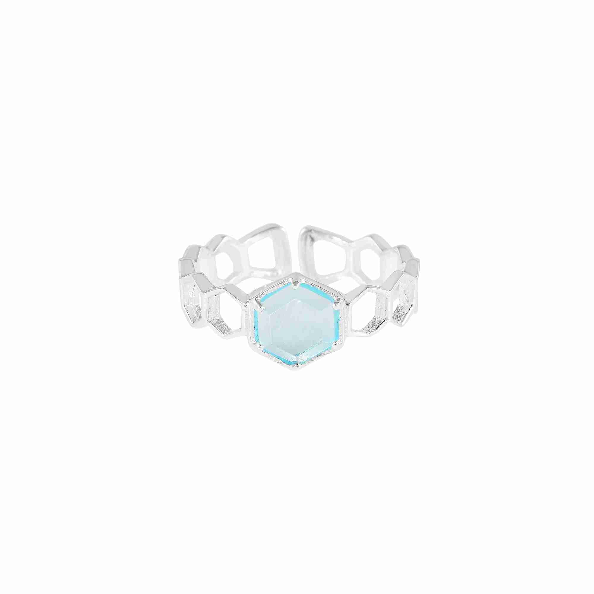 Geo Glam Sechseck Muster Blau Topas Ring Silber