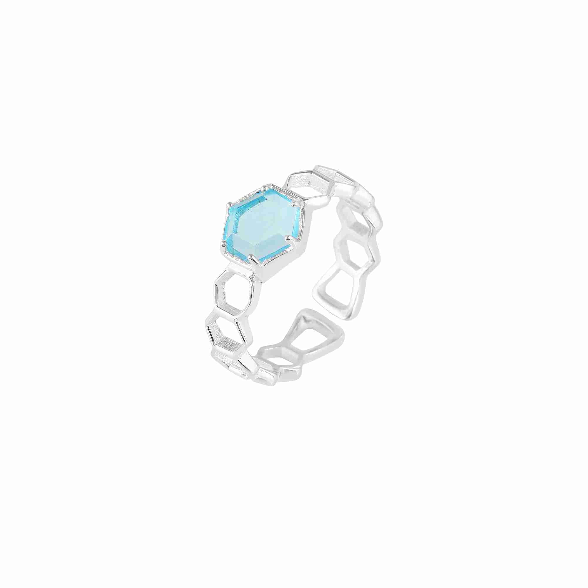 Geo Glam Sechseck Muster Blau Topas Ring Silber