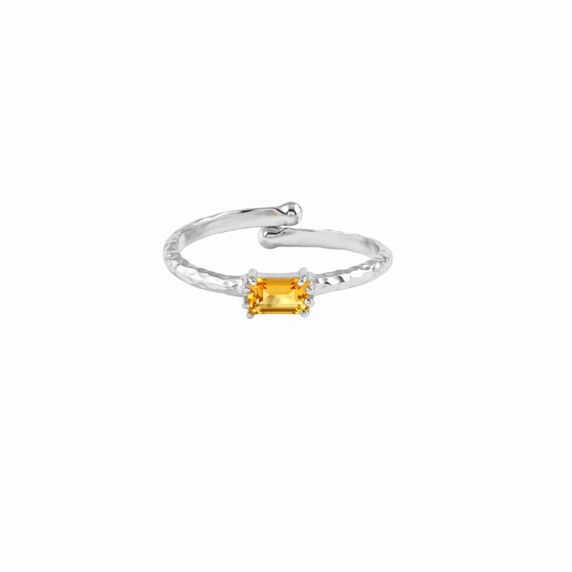 Delicate Vintage Citrine Baguette Ring Silver — open adjustable wrap ring with hammered band and prong-set baguette-cut Citrine in high-polish silver finish — Protsaah.
