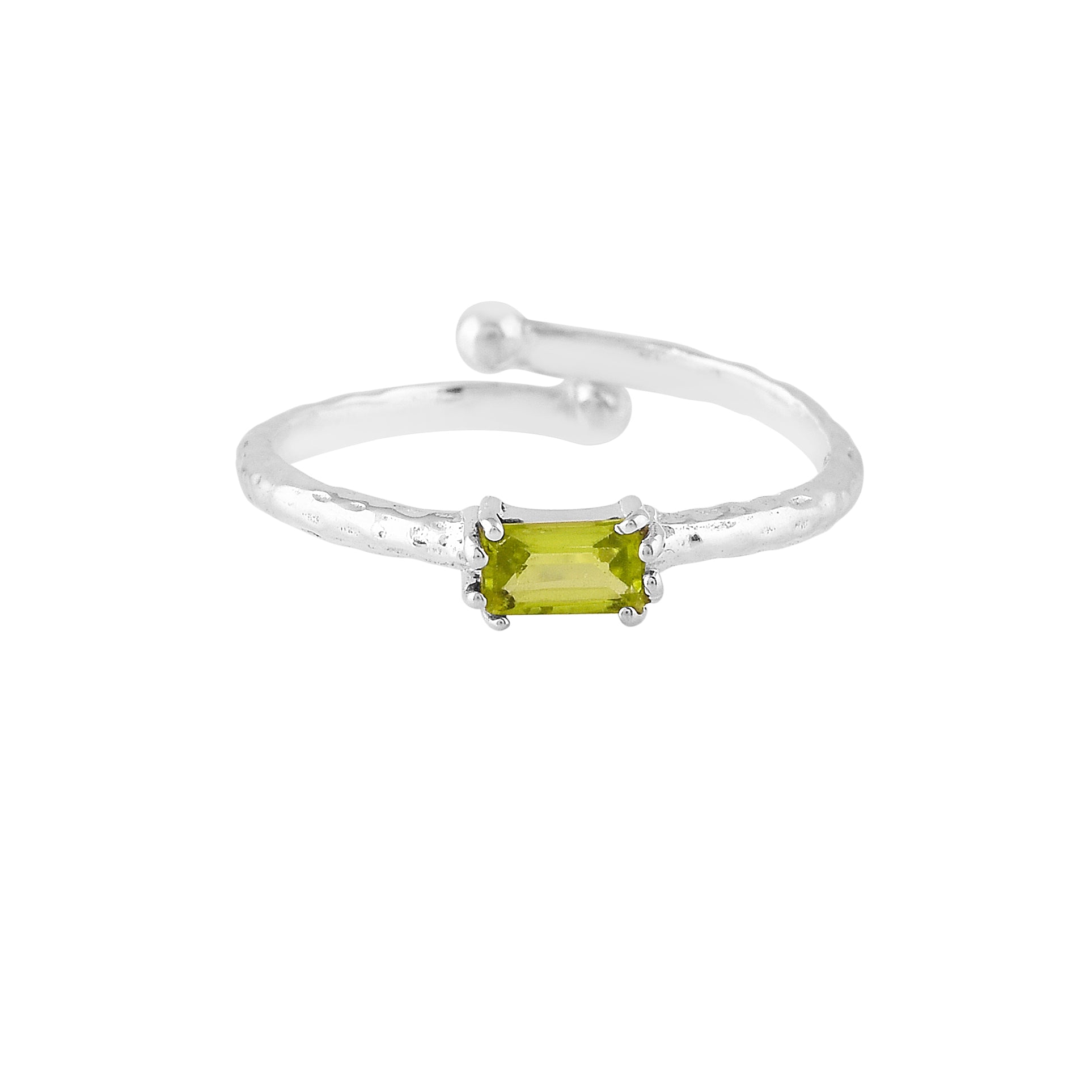 Front-facing view of the Delicate Vintage Peridot Baguette Ring Silver featuring a horizontally set 3X 5 baguette-cut olive green peridot centered on an open-shank hammered sterling silver band.