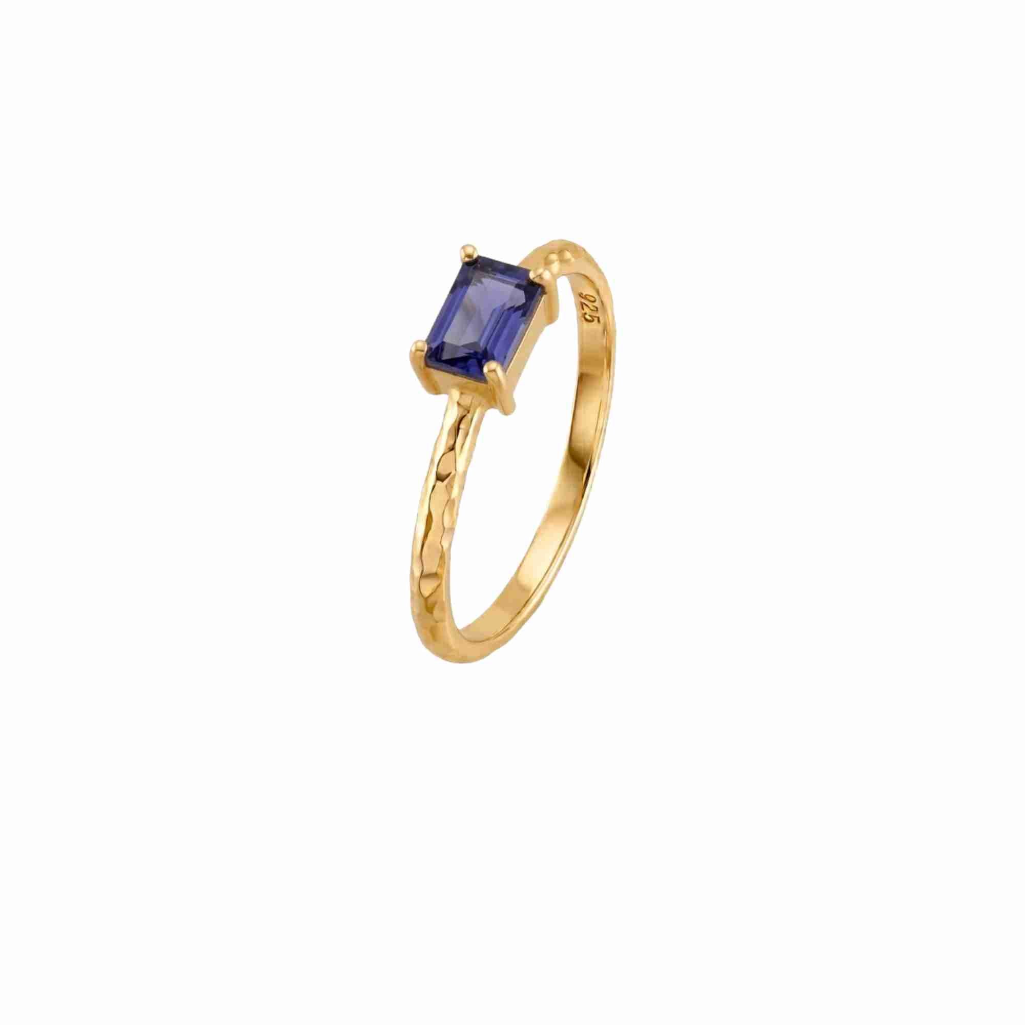 Angled profile view of Delicate Vintage Iolite Baguette Ring in 22K gold-plated silver.