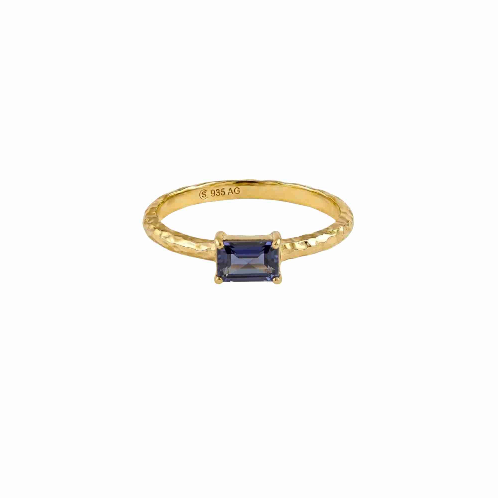 Front view of Delicate Vintage Iolite Baguette Ring in 22K gold-plated silver.