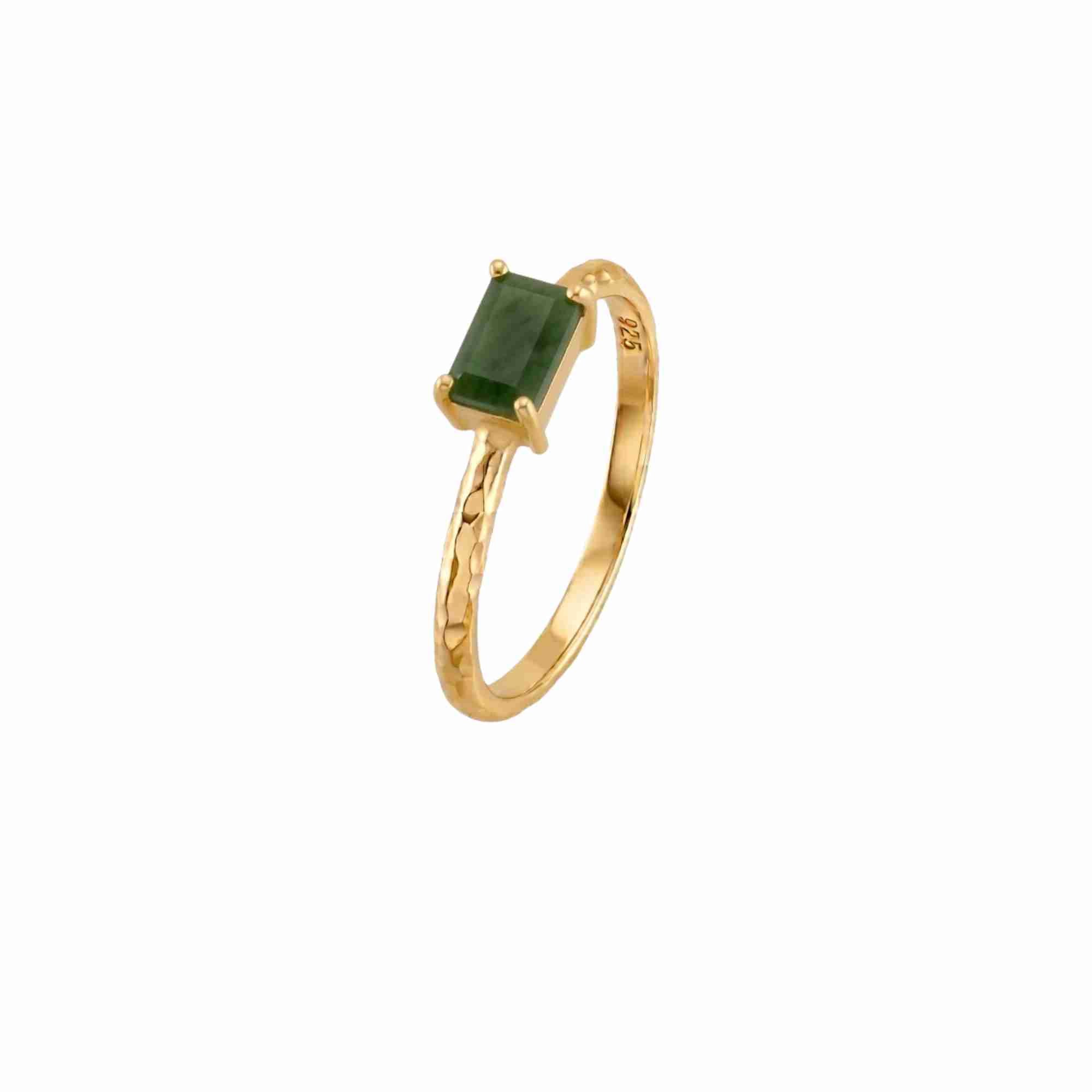 Angled profile view of the Delicate Vintage Nephrite Baguette Ring in 22K gold-plated silver.
