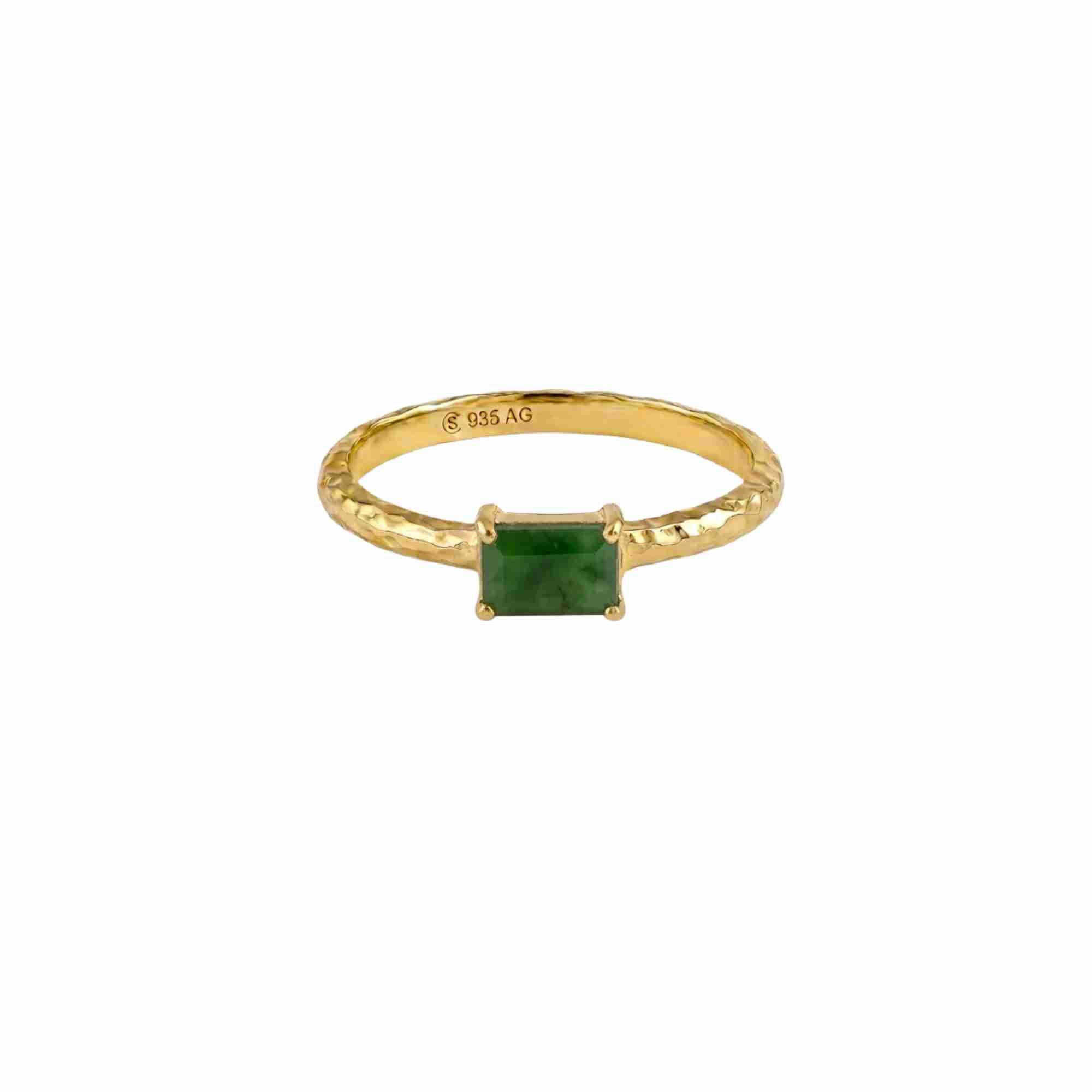 Front view of the Delicate Vintage Nephrite Baguette Ring in 22K gold-plated silver.
