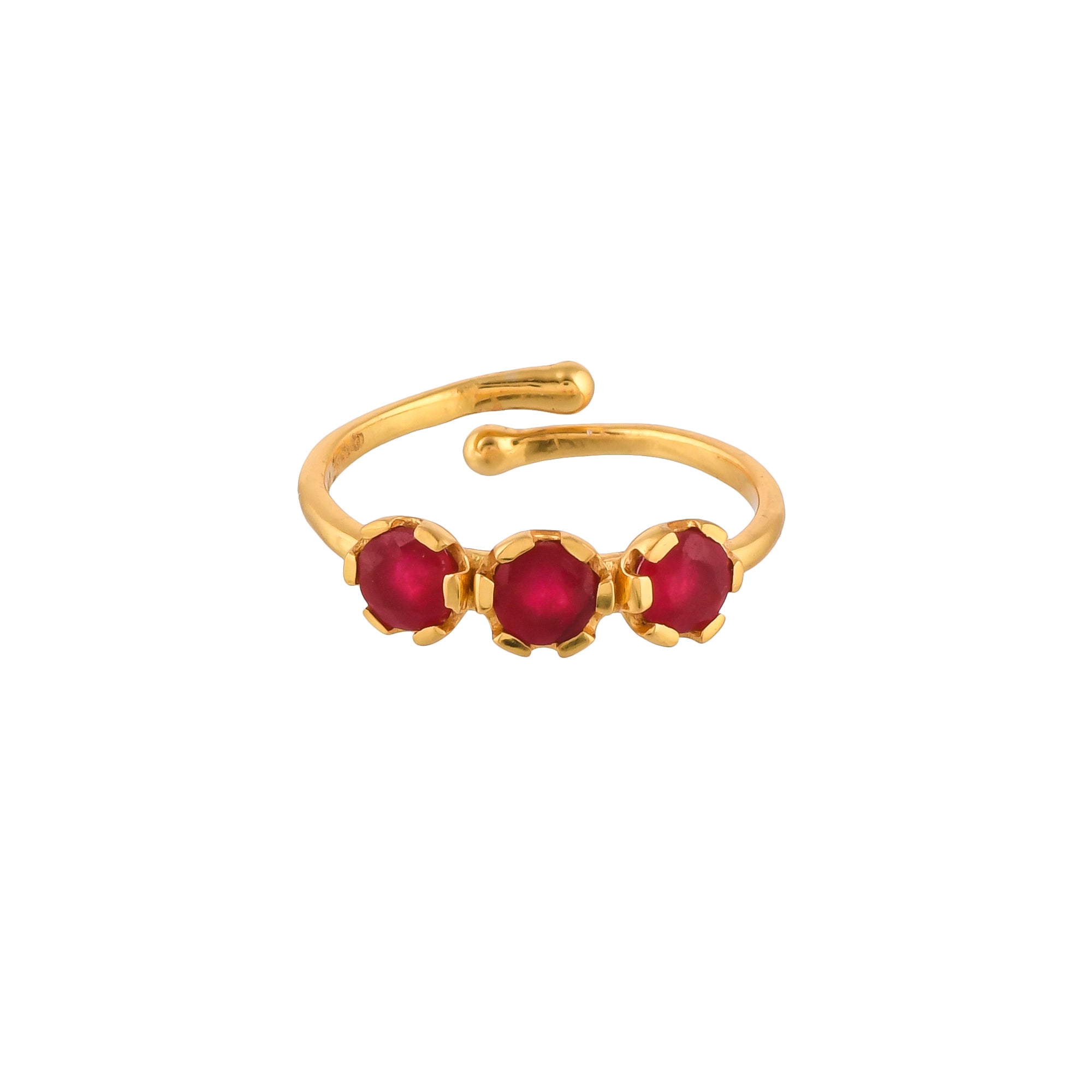 Front view of Delicate Vintage Real Blue Chalcedony Trio Adjustable Ring in 22K gold-plated silver.
