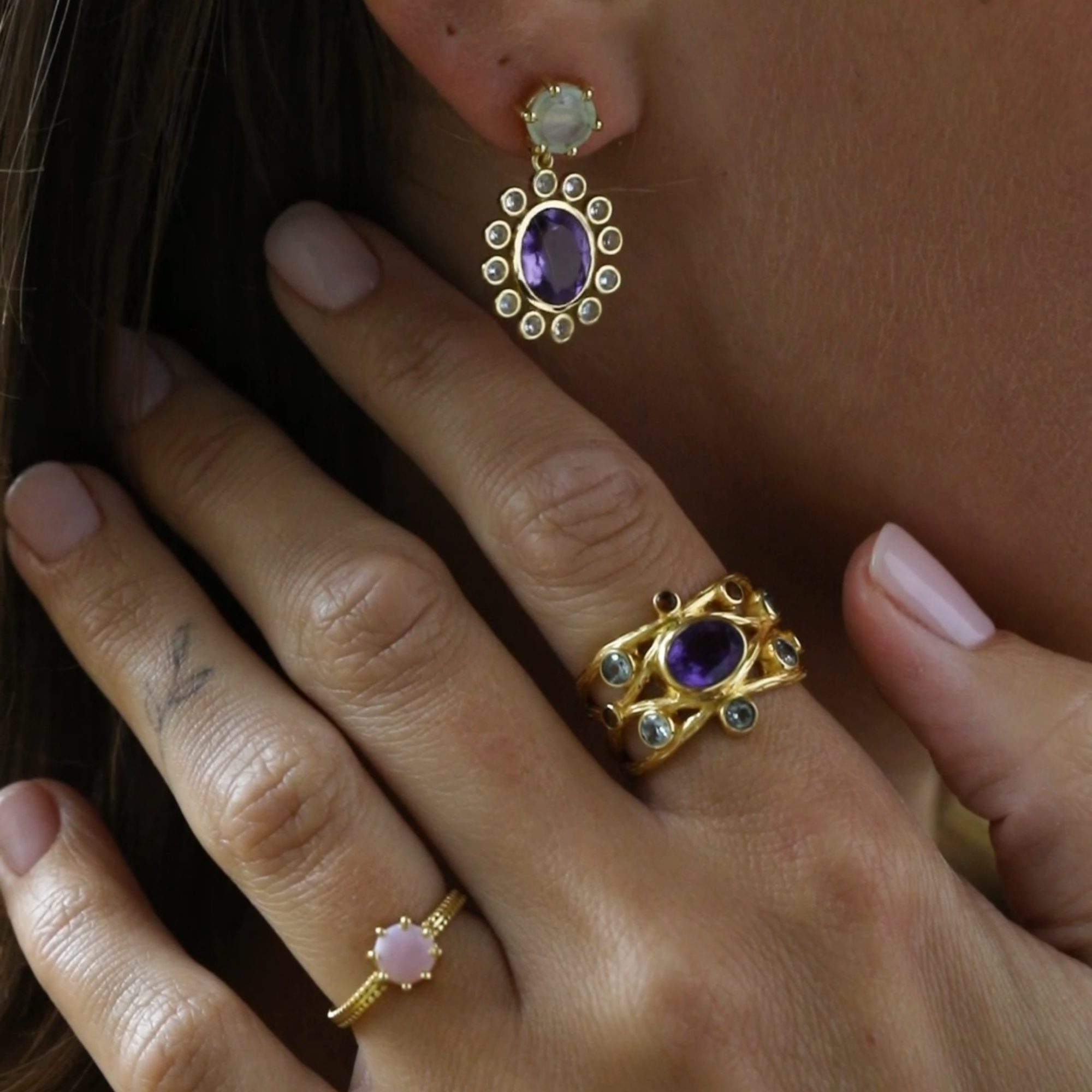Kaleidoscope Amethyst Iolite & Ruby Jade Statement Ring Gold