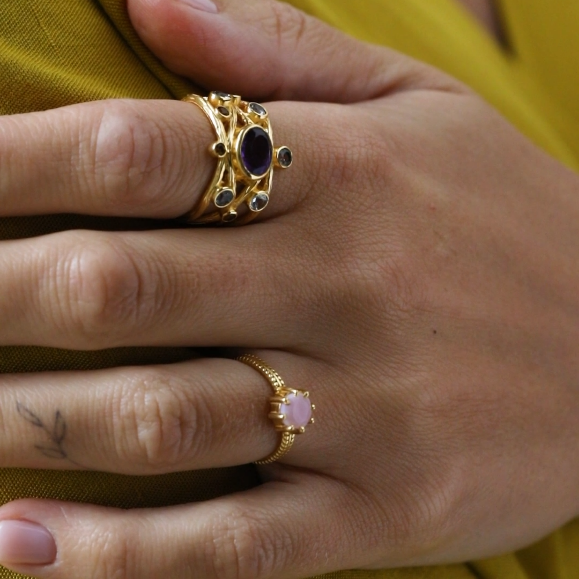Kaleidoscope Blue Topaz Amethyst & Citrine Statement Ring Gold