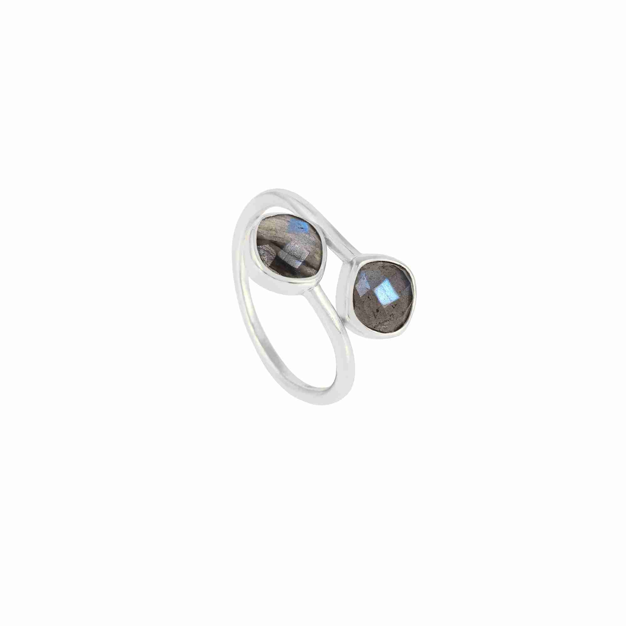 Studio product photography of the Protsaah Geo Glam Toi et Moi Labradorite Ring in Silver (SKU: RN-063-AG-LB), showcasing two cushion-cut iridescent grey-blue labradorite gemstones on an adjustable open-front sterling silver band.