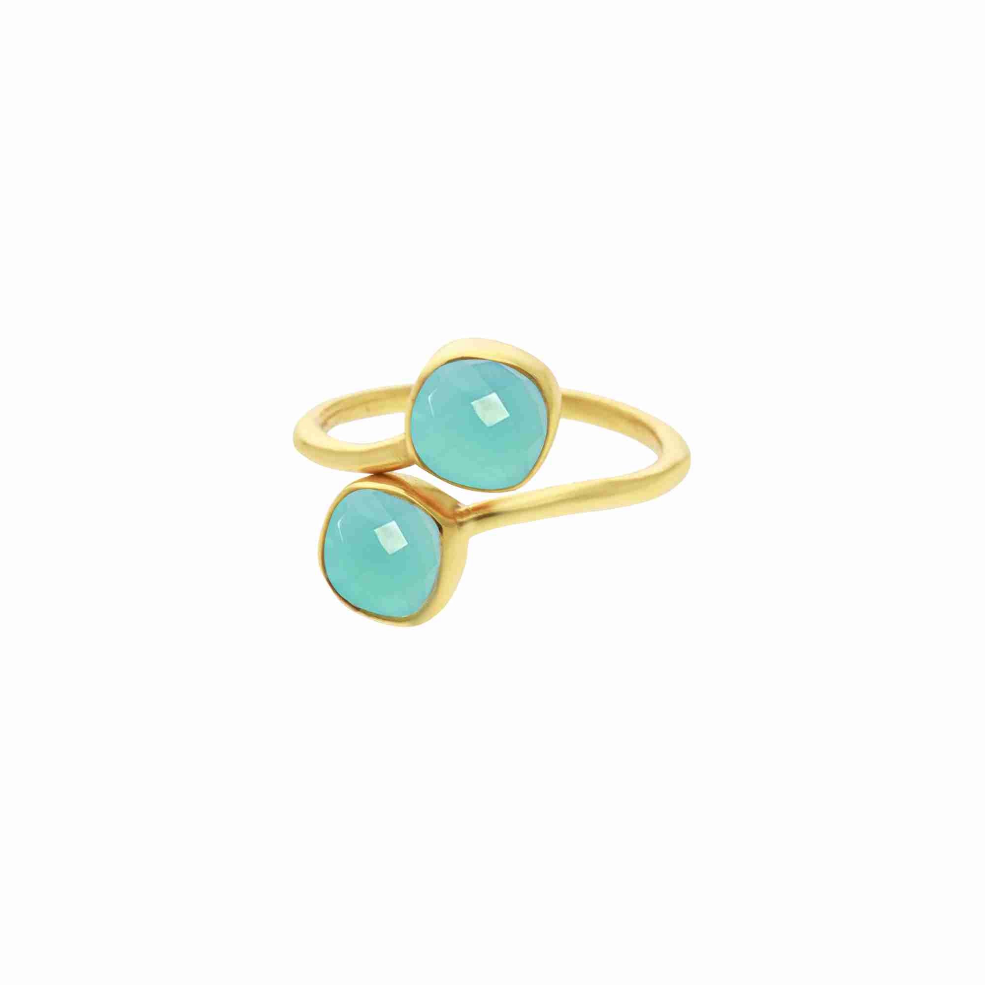Studio product photography of the Protsaah Geo Glam Toi et Moi Aqua Chalcedony Ring in Gold (SKU: RN-063-AU-AC), showcasing two cushion-cut pastel sea-foam blue gemstones on an adjustable open-front gold band.