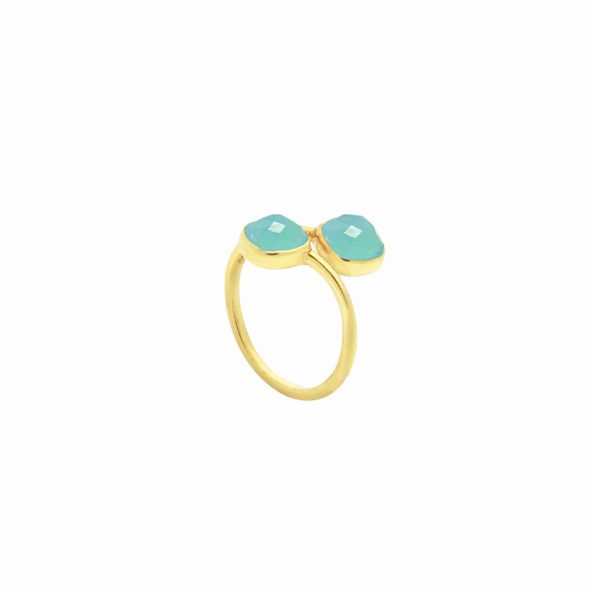 Geo Glam Toi et Moi Aqua Chalcedony Ring in 22K gold-plated recycled sterling silver showing two cushion-cut sea-foam blue gemstones on an adjustable open band.