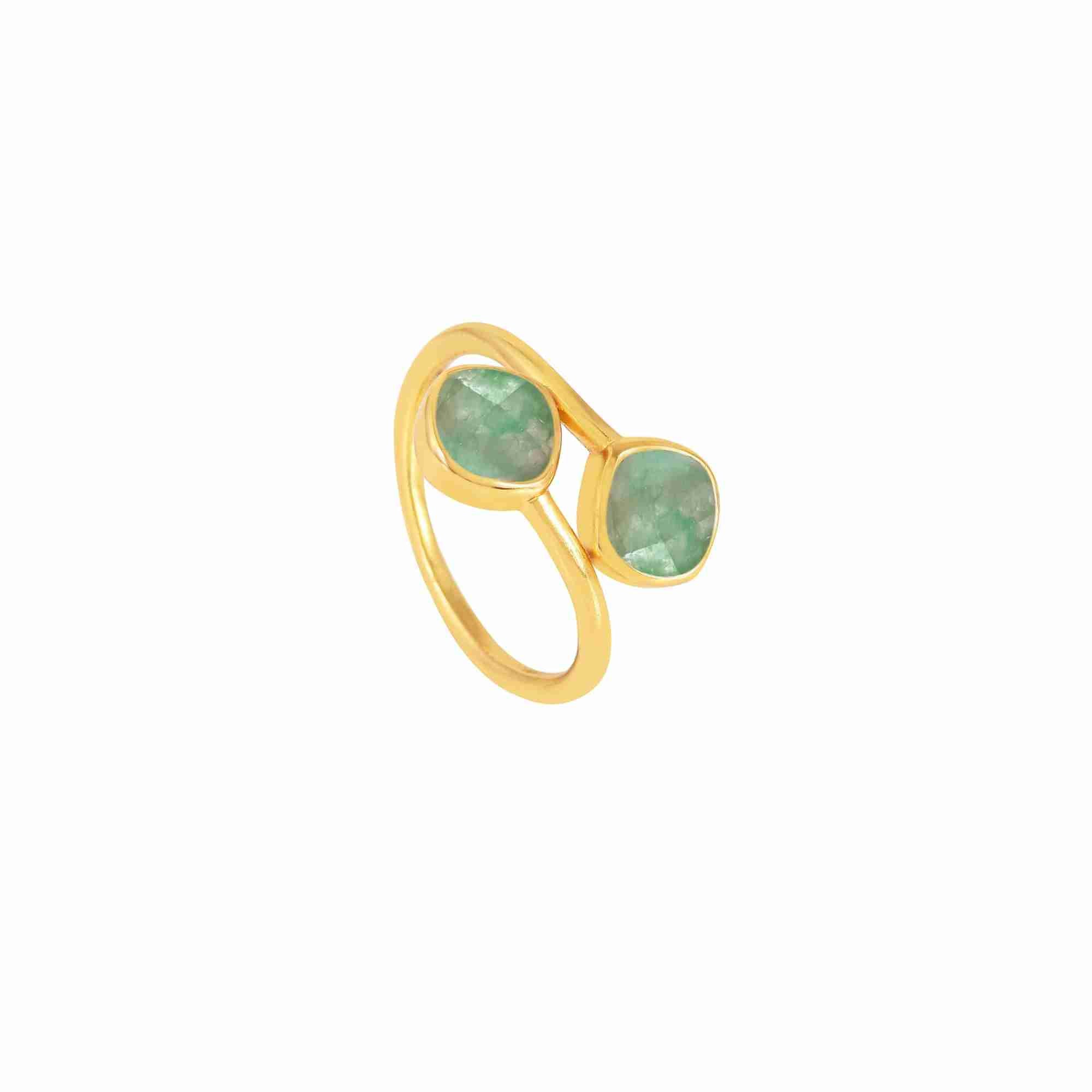 Close-up of Geo Glam Toi et Moi Nephrite Ring Gold — two nephrite gemstones in an adjustable 22K gold vermeil band by Protsaah Zurich.