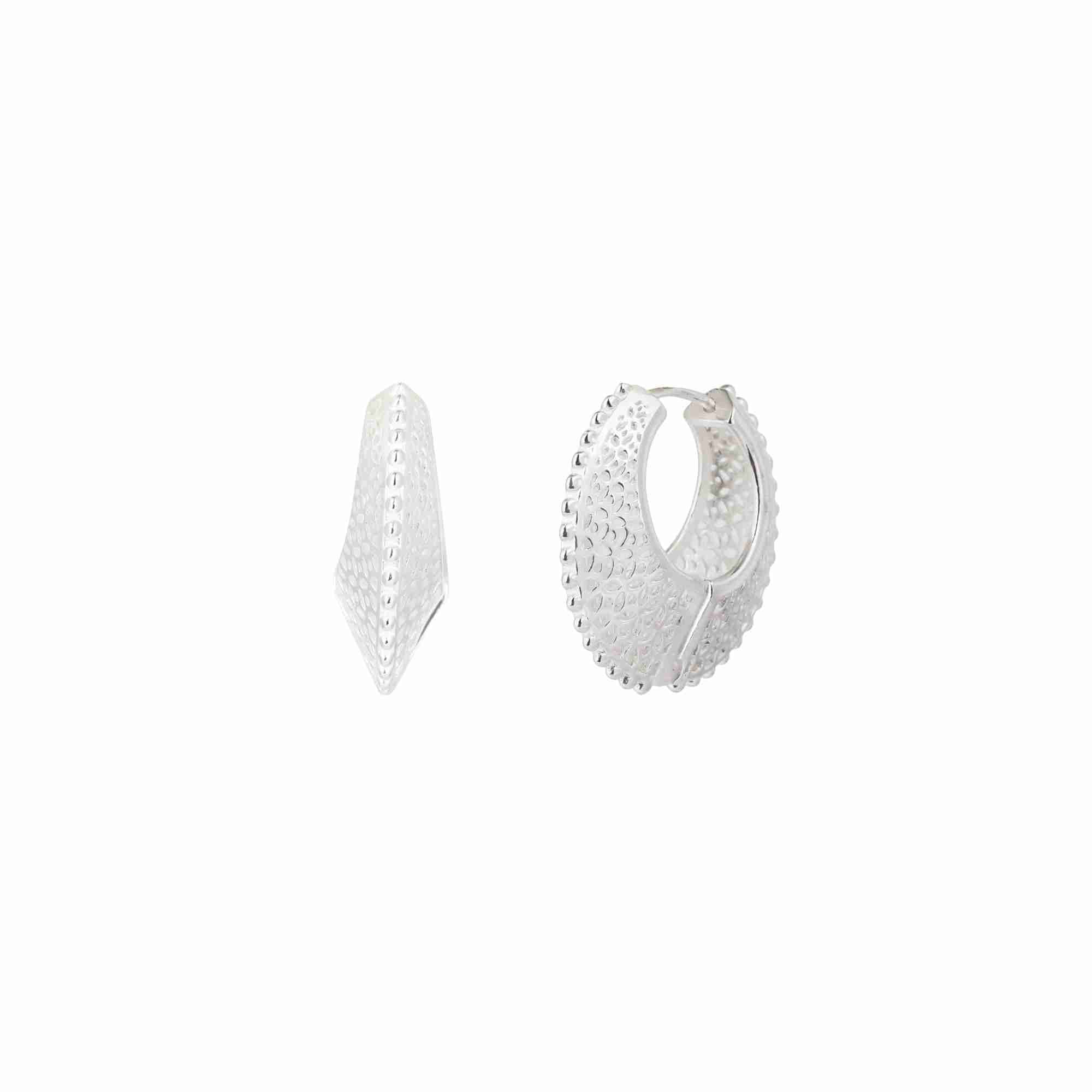Ribbons & Lace Silver Statement Hoop Earrings; bold, ornate filigree-style texture with a polished silver finish over 92.5 recycled silver.