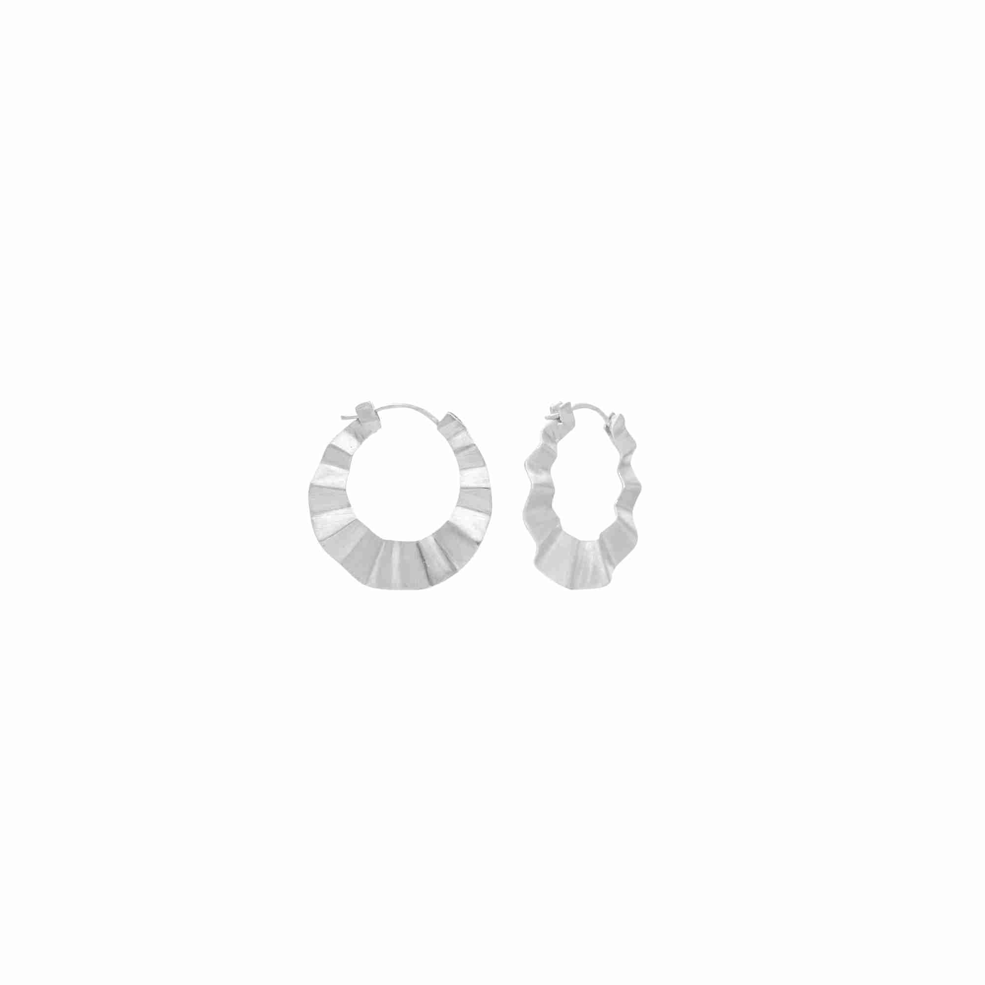 Ribbons & Lace Silver Hoop Earrings; sculptural, ruffled-wave statement design with a signature brushed-satin finish over 92.5 recycled silver.