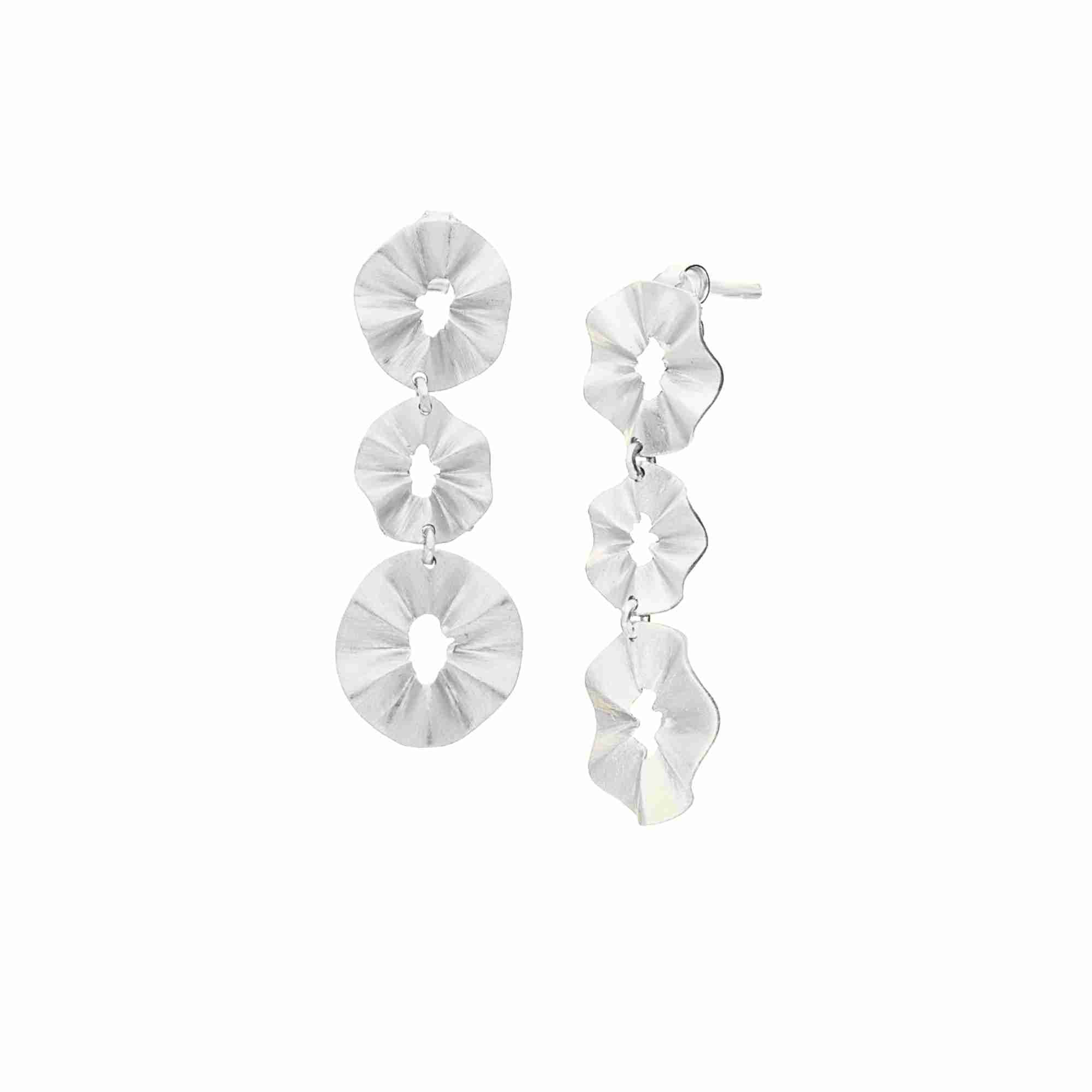 Ribbons & Lace Silver Statement Earrings; cascading tiered trio design with a signature matte brushed finish over 92.5 recycled silver.
