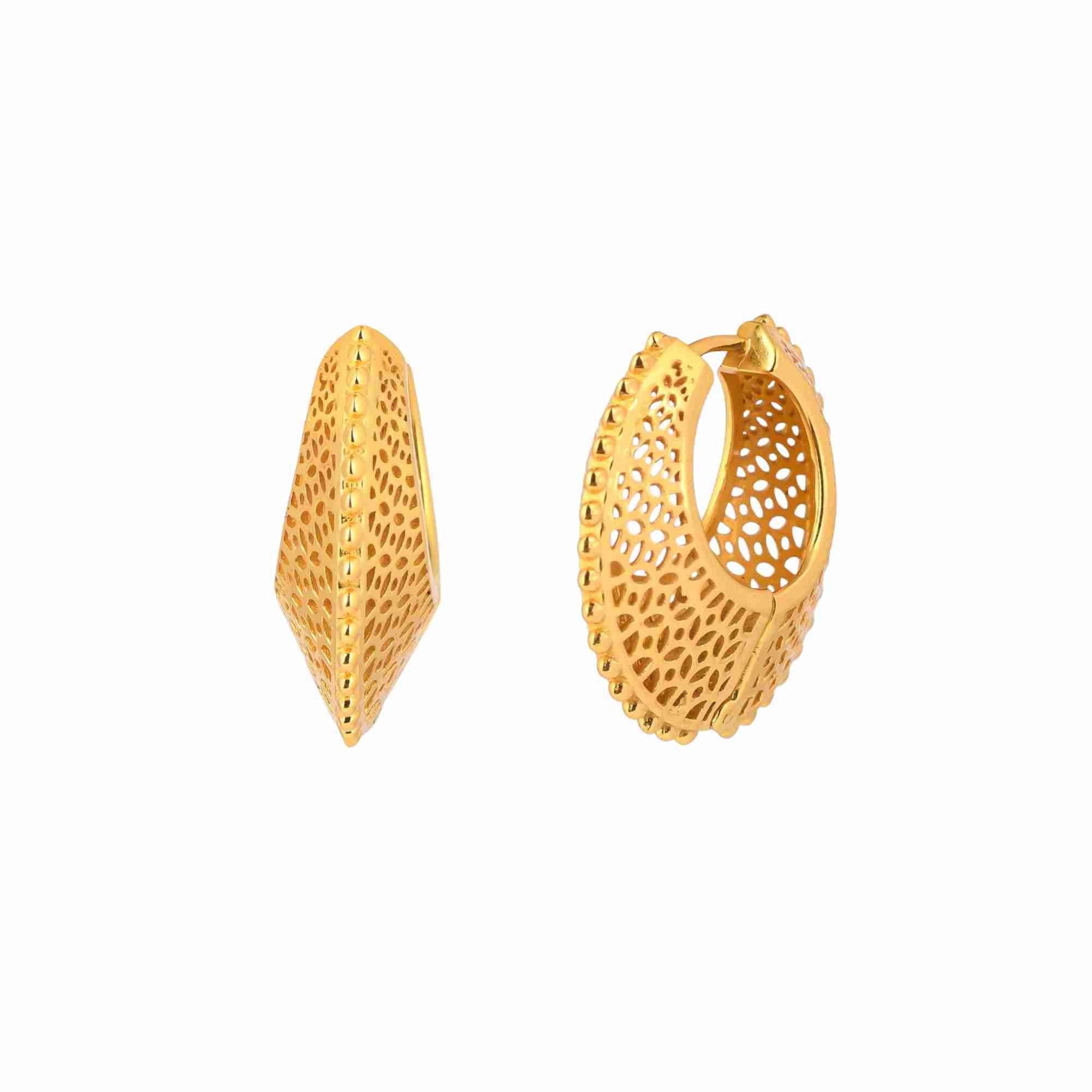 Ribbons & Lace Gold Statement Hoop Earrings; bold, ornate filigree-style texture with a polished gold finish over 92.5 recycled silver.