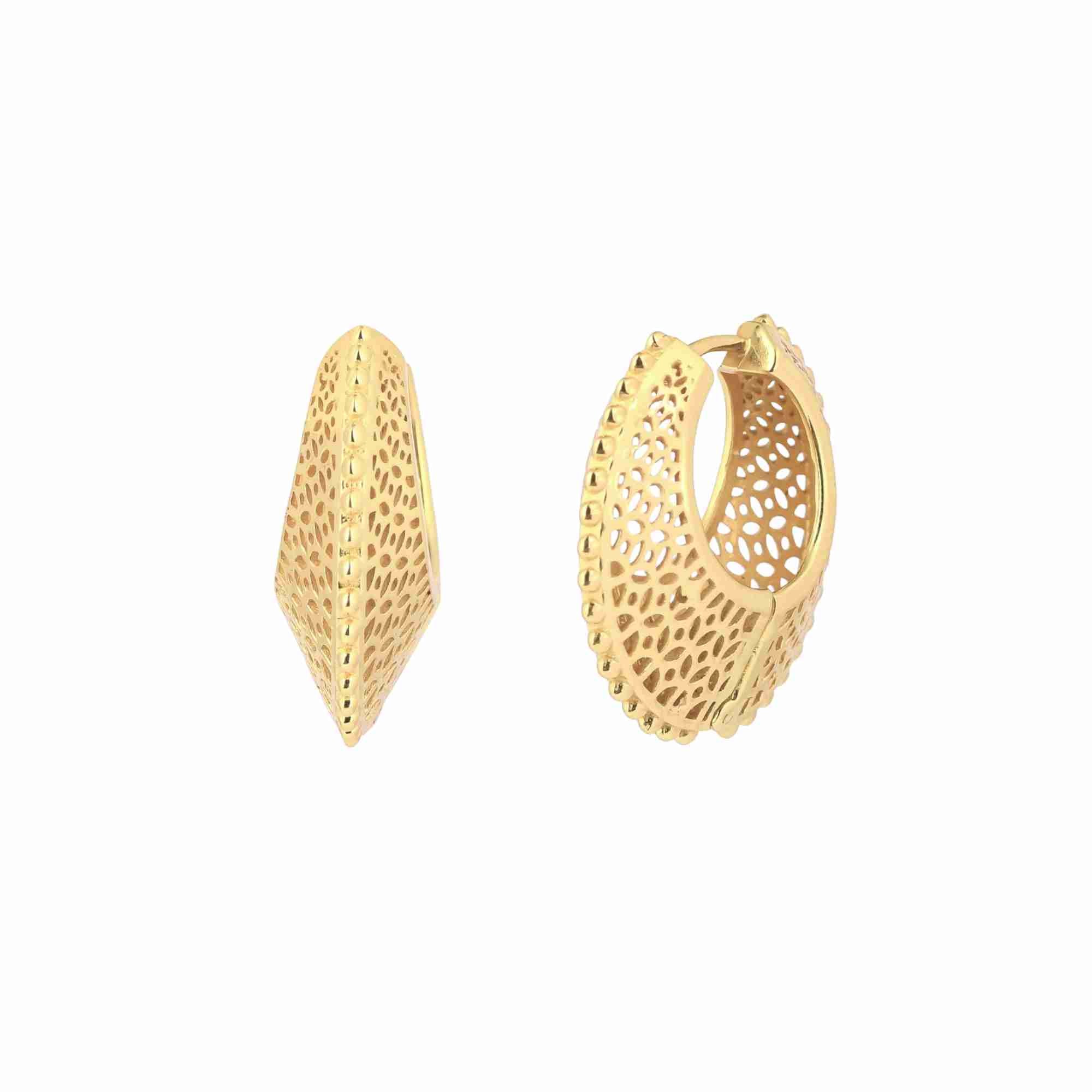 Ribbons & Lace Gold Statement Hoop Earrings; bold, ornate filigree-style texture with a polished gold finish over 92.5 recycled silver.