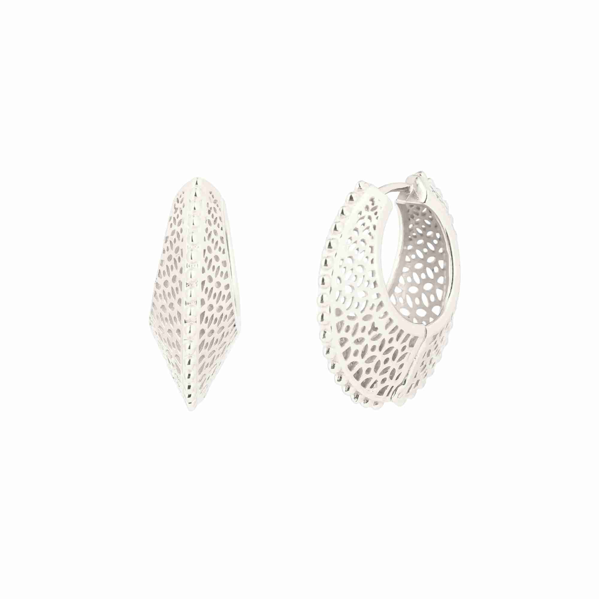 Ribbons & Lace Silver Statement Hoop Earrings; bold, ornate filigree-style texture with a polished silver finish over 92.5 recycled silver.