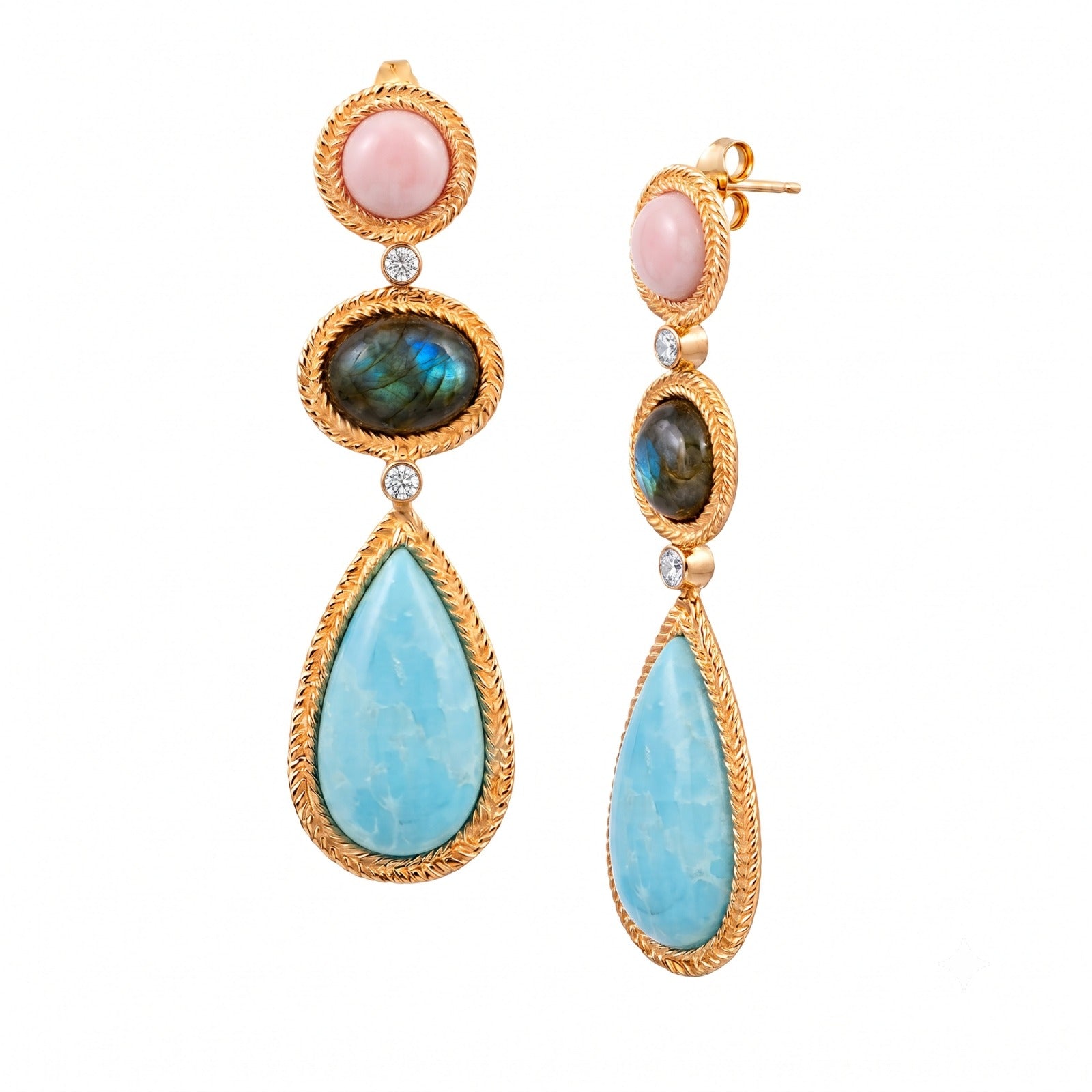 Ribbons & Lace Multi Stone Trio Statement Earrings Gold — Pink Opal, Labradorite and Larimar cabochons in rope-twist gold bezels with CZ connectors on a butterfly-back post — Protsaah.
