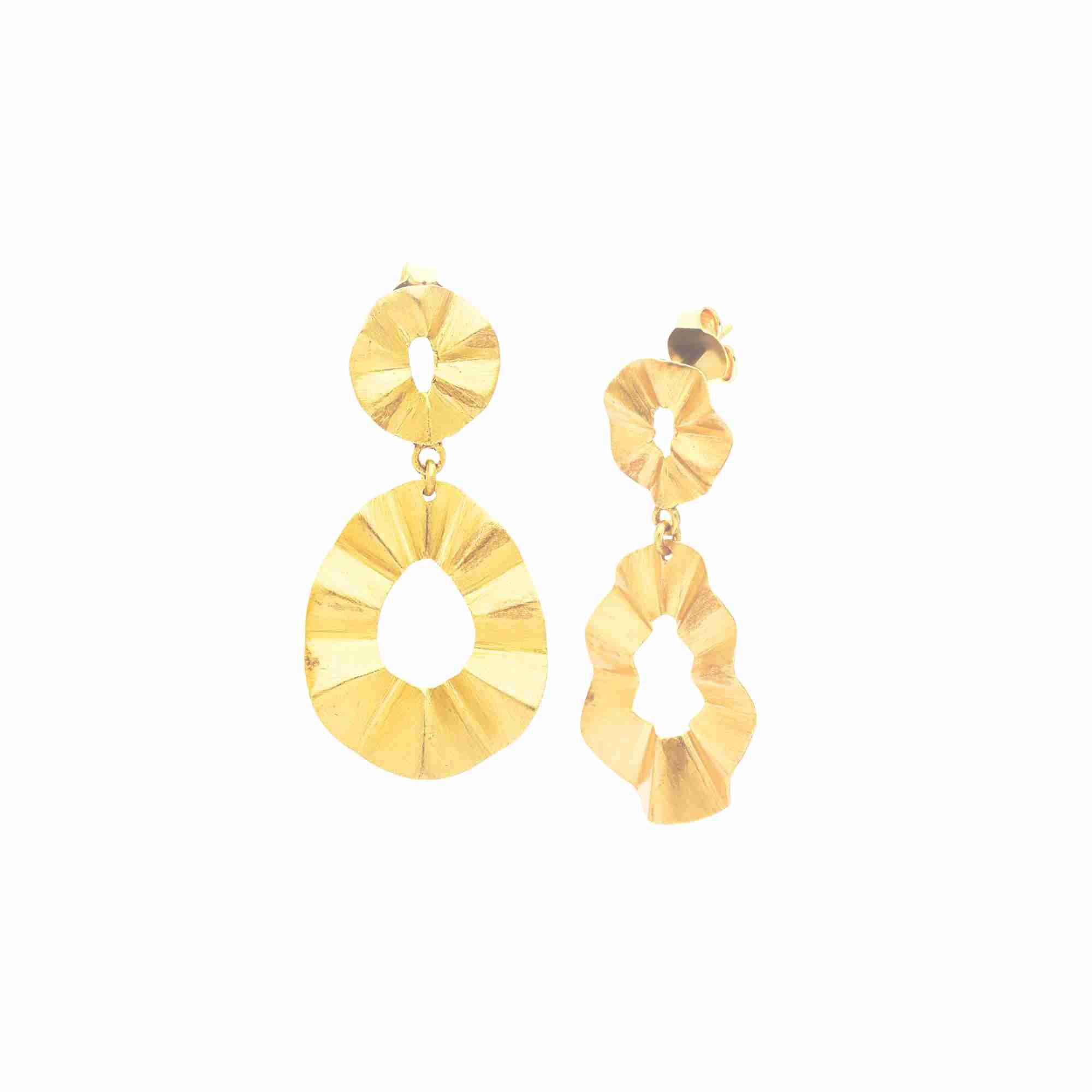 Ribbons & Lace Ruffle Fold Drop Statement Earrings Gold — dual ruffle fold drop in matt brushed 22K gold plated 925 Silver over 92.5 recycled silver by Protsaah Zurich.