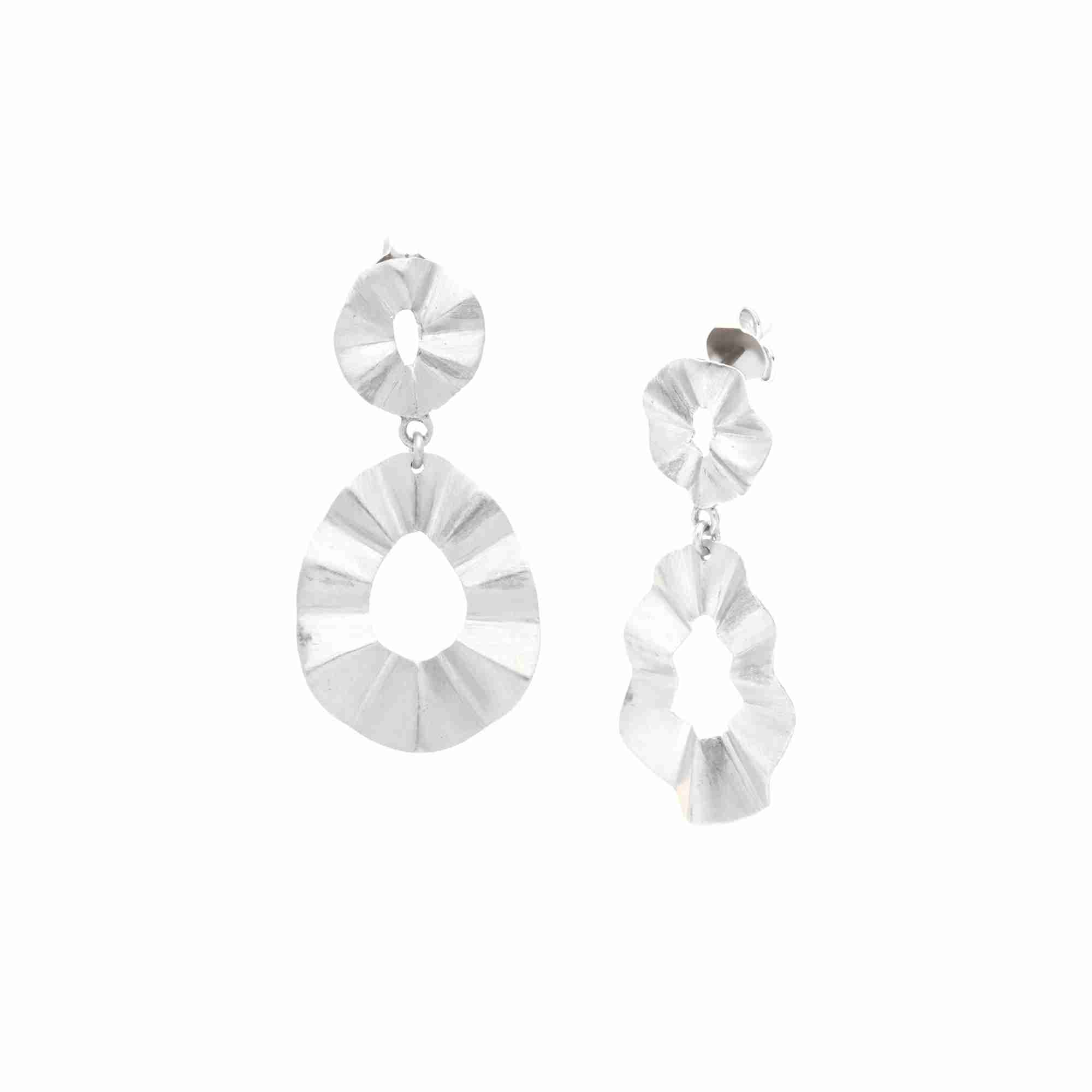 Ribbons & Lace Ruffle Fold Drop Statement Earrings Silver — dual ruffle fold drop in matt brushed 92.5 recycled silver by Protsaah Zurich.