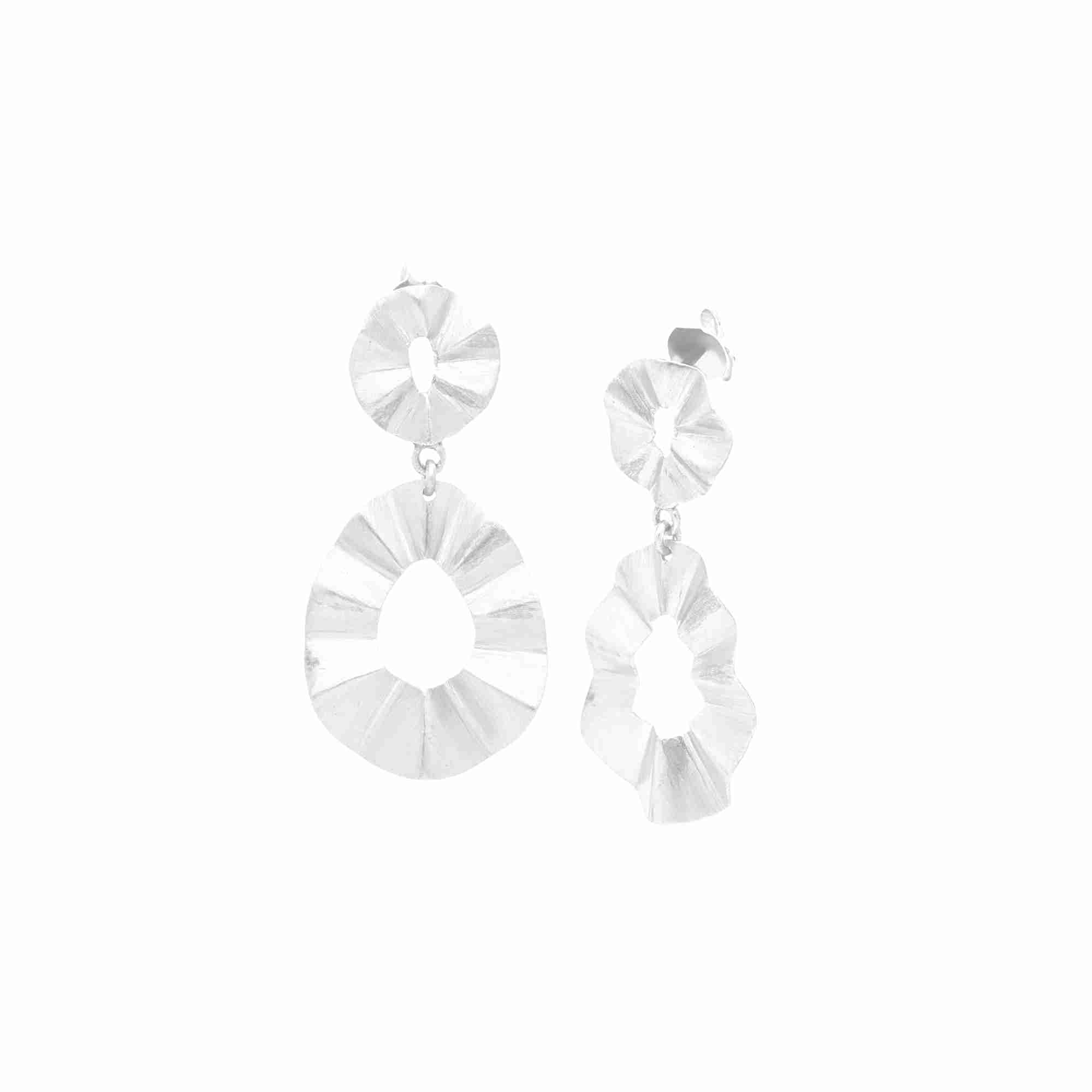 Ribbons & Lace Ruffle Fold Drop Statement Earrings Silver — dual ruffle fold drop in matt brushed 92.5 recycled silver by Protsaah Zurich.