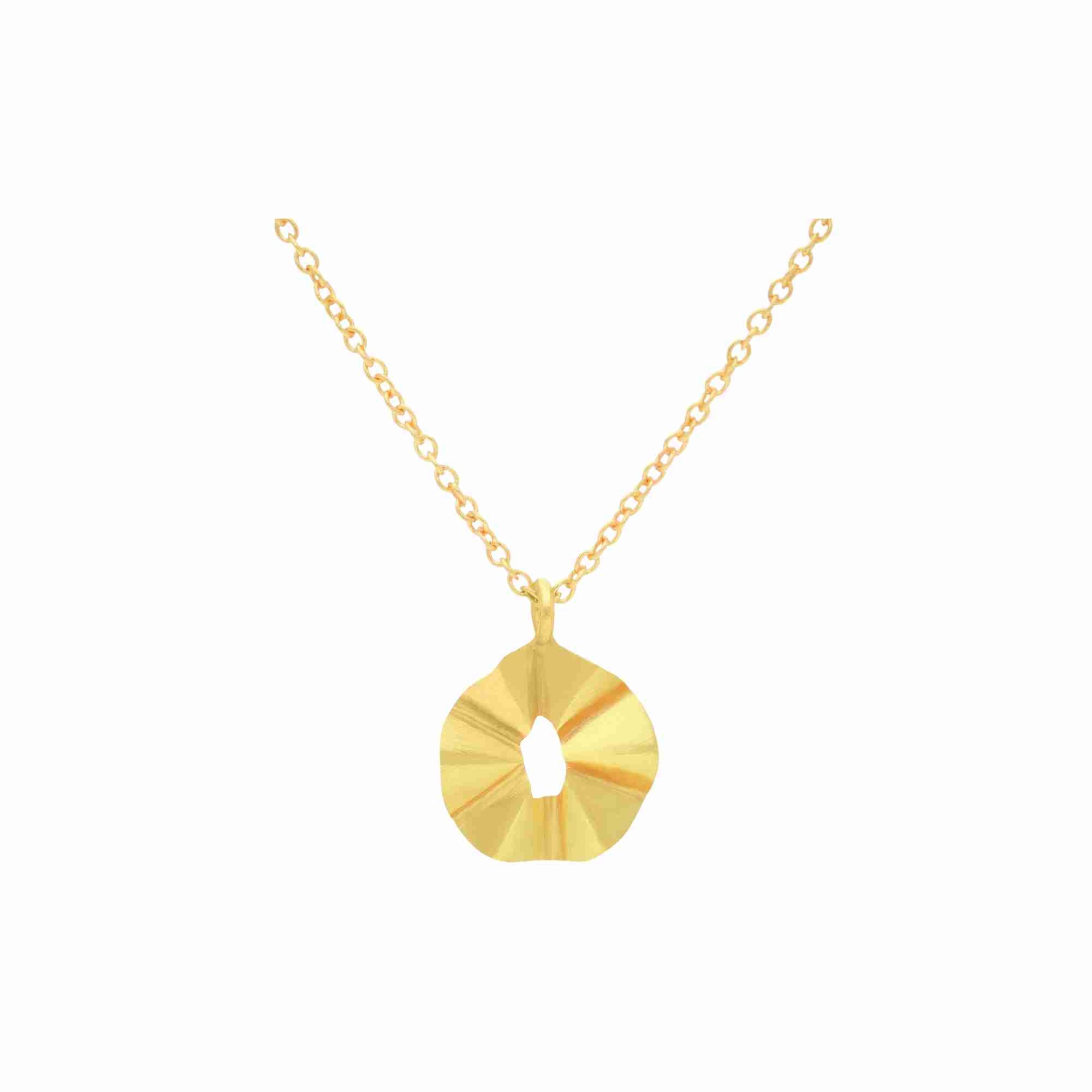 Ribbons & Lace Ruffle Gold Necklace; sculptural open pendant featuring an undulating furl design with adjustable chain, matte brushed gold finish.